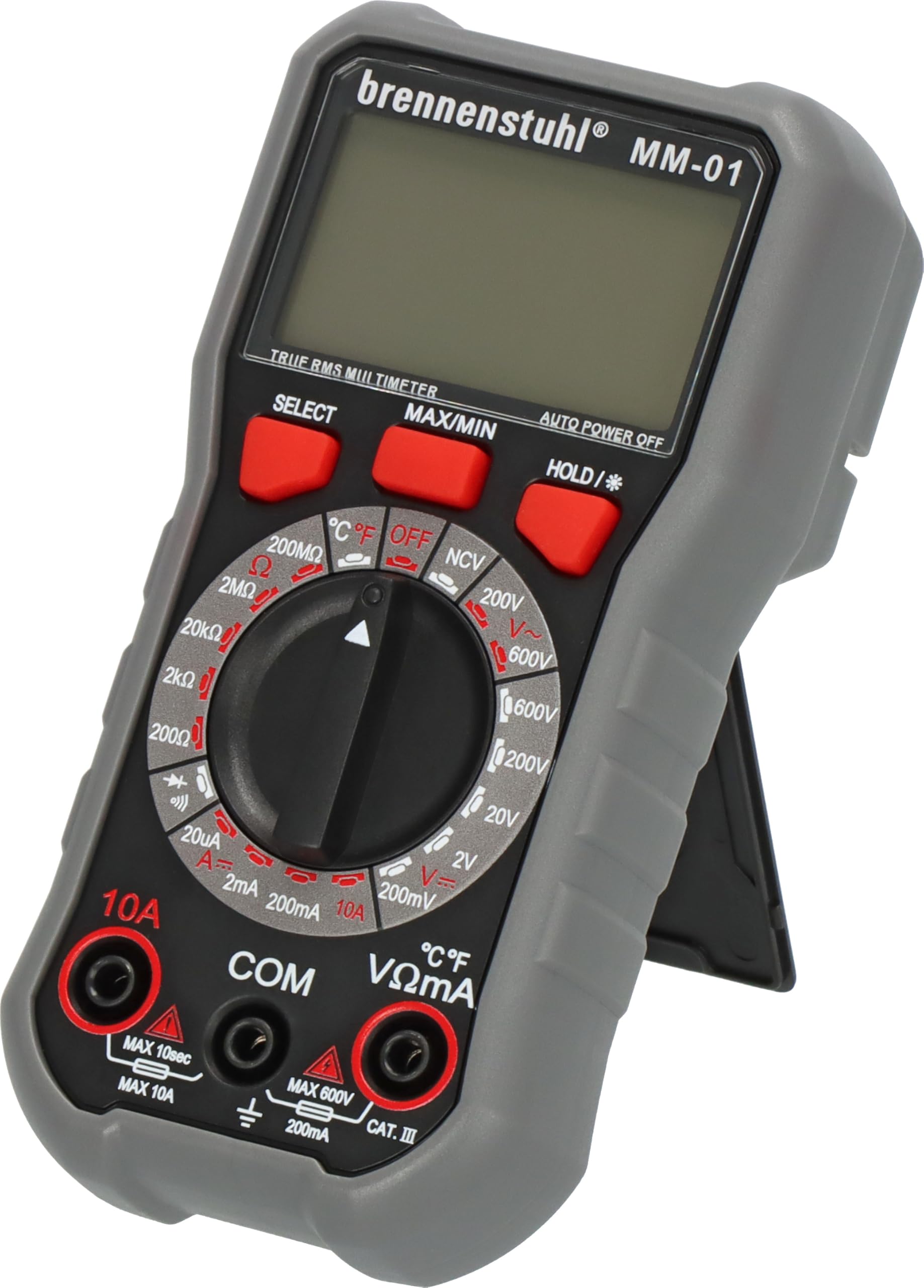 Brennenstuhl Multimetr MM-01 z ręcznym wyborem zakresu pomiarowego (napięcie AC/DC, prąd DC, rezystancja, temperatura, dioda, ciągłość, test NCV – do 600 V, 10 A i 200 MΩ, wyświetlacz 2000 liczników)