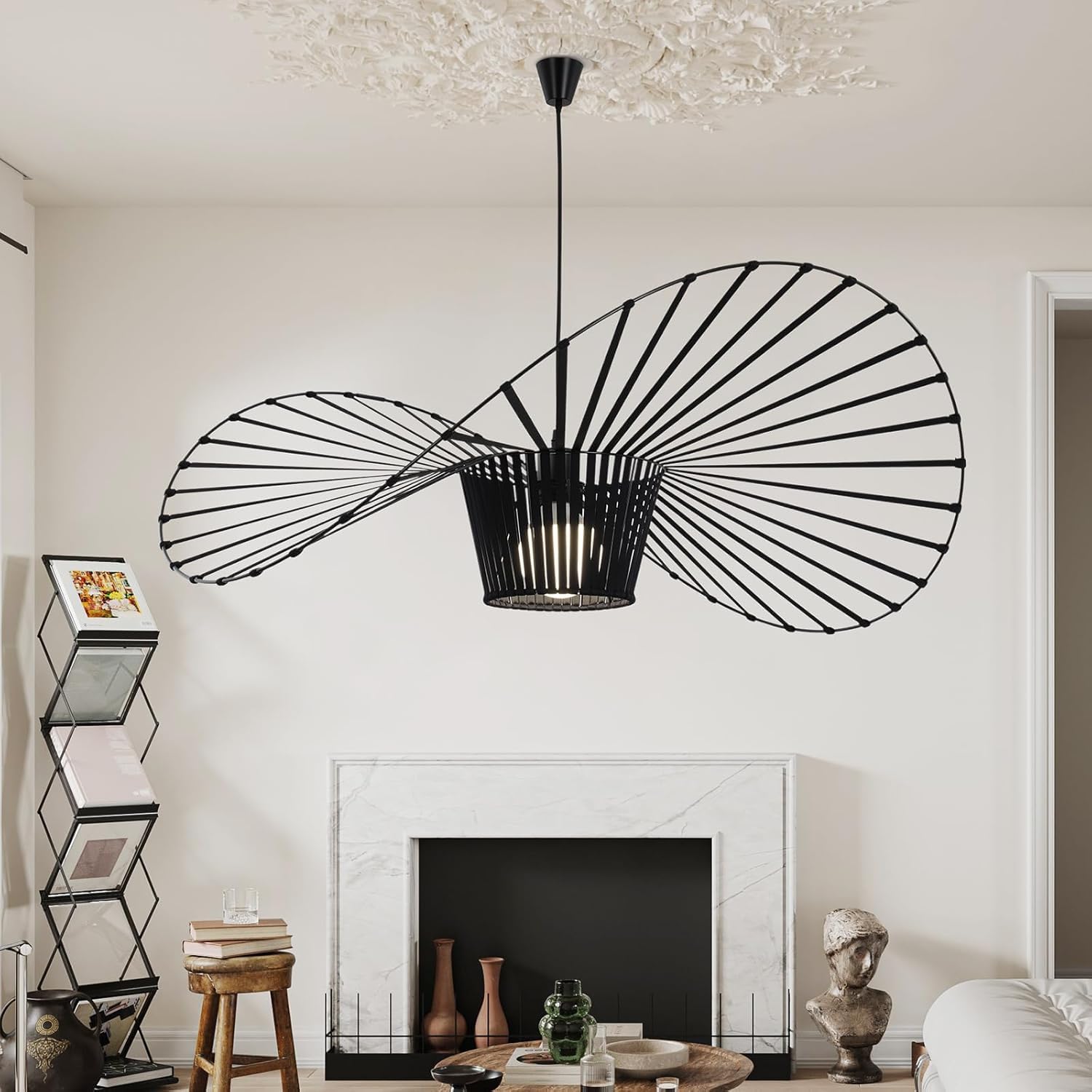 YUXN Vintage Pendant Light Living Room Hanging Lamp Chandelier Simple Creative (Light Height Adjustable), Fiberglass Hat Design + E27 Fiber Cloth Max 40W Black 80CM โ image 1