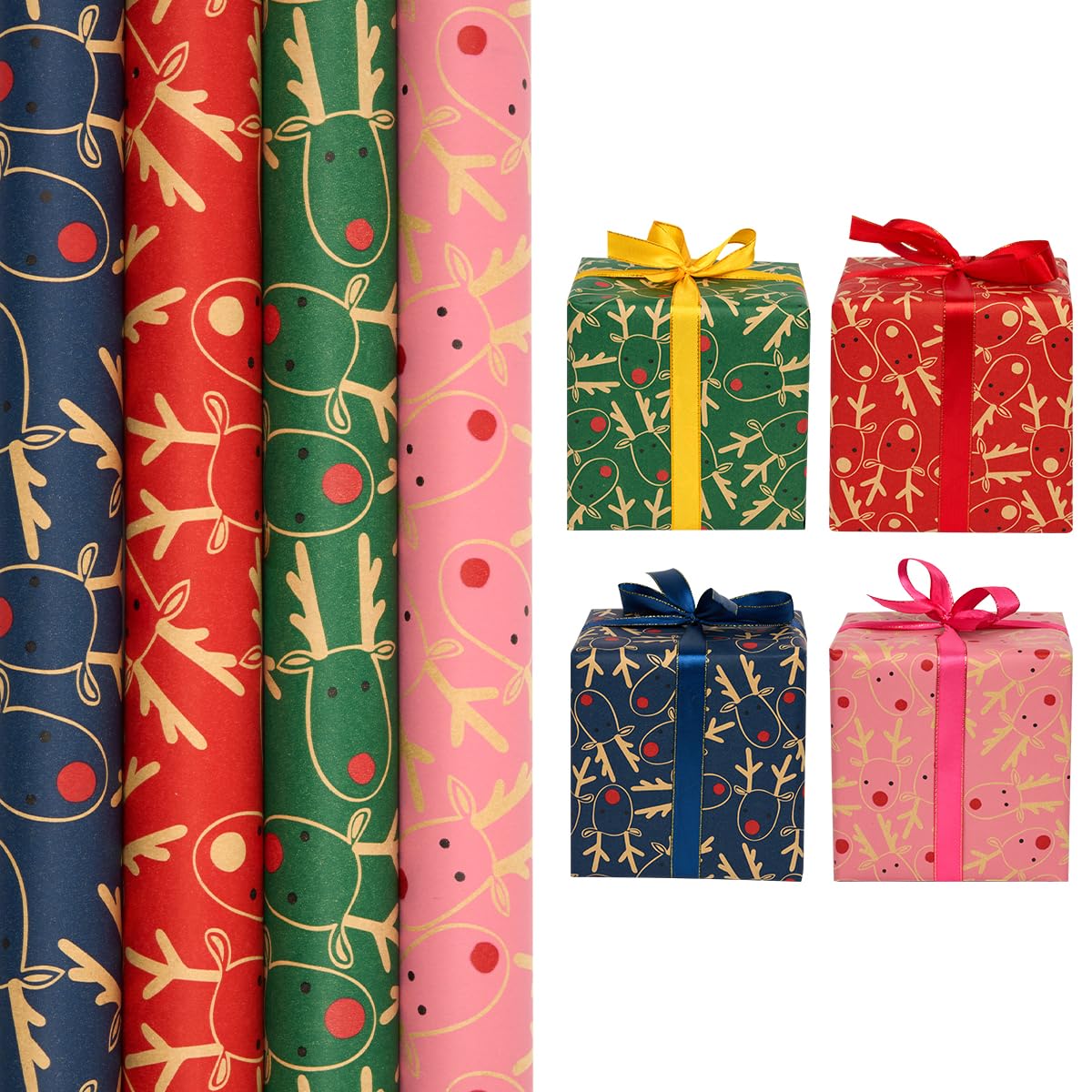 Christmas Kraft Gift Wrapping Paper : Xmas Gift Wrapping Paper Roll Recyclable Paper Festive Elk Design - 4 Rolls 43cm x 3M