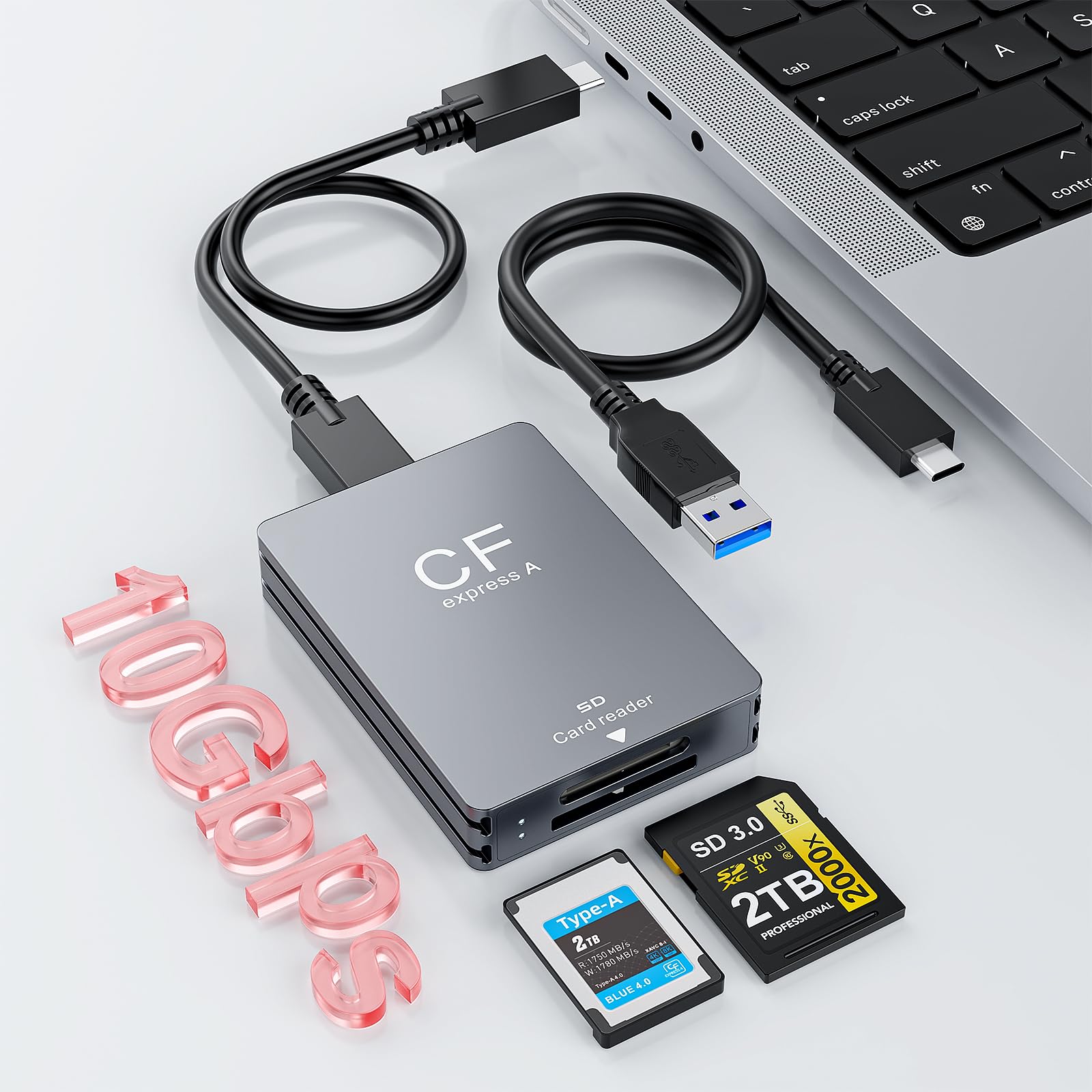 CFexpress - Lettore di schede di tipo A, USB 3.2 (Gen 2) da 10 Gbps, lettore di schede CFexpress tipo A per CFexpress A + SD 3.0, adattatore 2 in 1 con USB-C e USB-A per filmati professionali