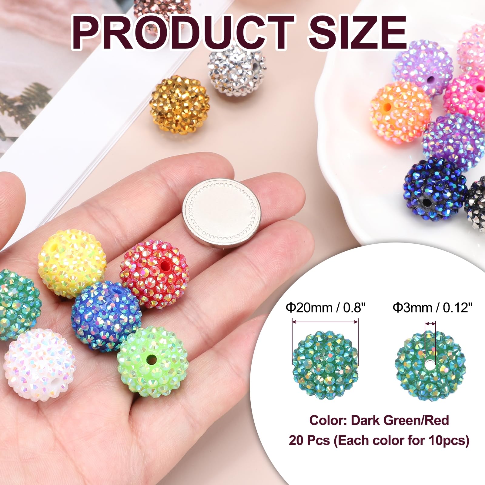PATIKIL 20mm Resin Rhinestone Beads for Beadable Pen 20 Pack Ball Disco Sparkly Chunk Round Bubblegum Beads for Beadable Keychain Jewelry Making DIY Craft - Image 2