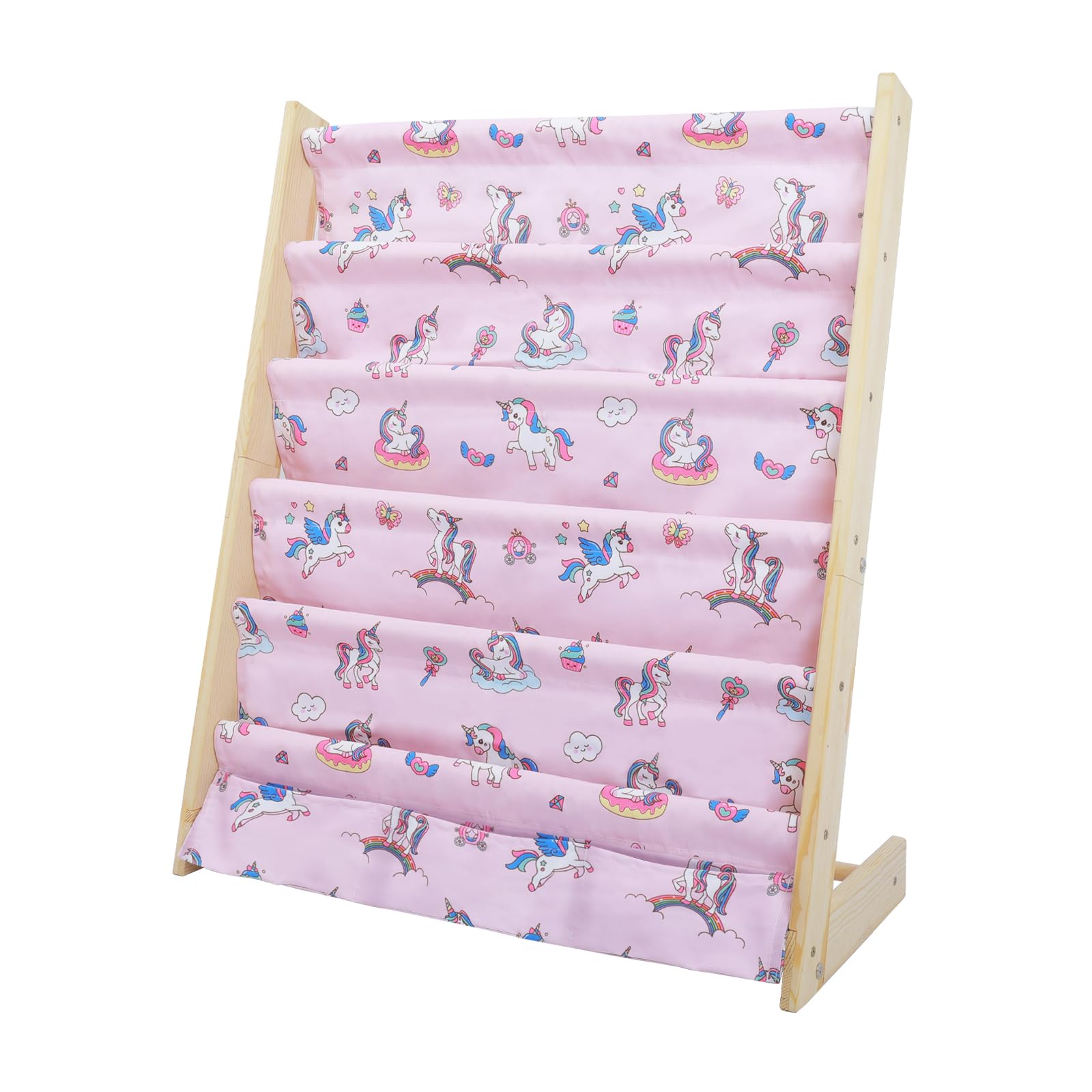 wooshwa Madera Libreria Infantil,Estanteria Libros Infantil con 5 Estanterías, Organizador de Juguetesde 3 Bolsillos con Mangas Profundas, 63 * 30 * 73cm (Unicornio)