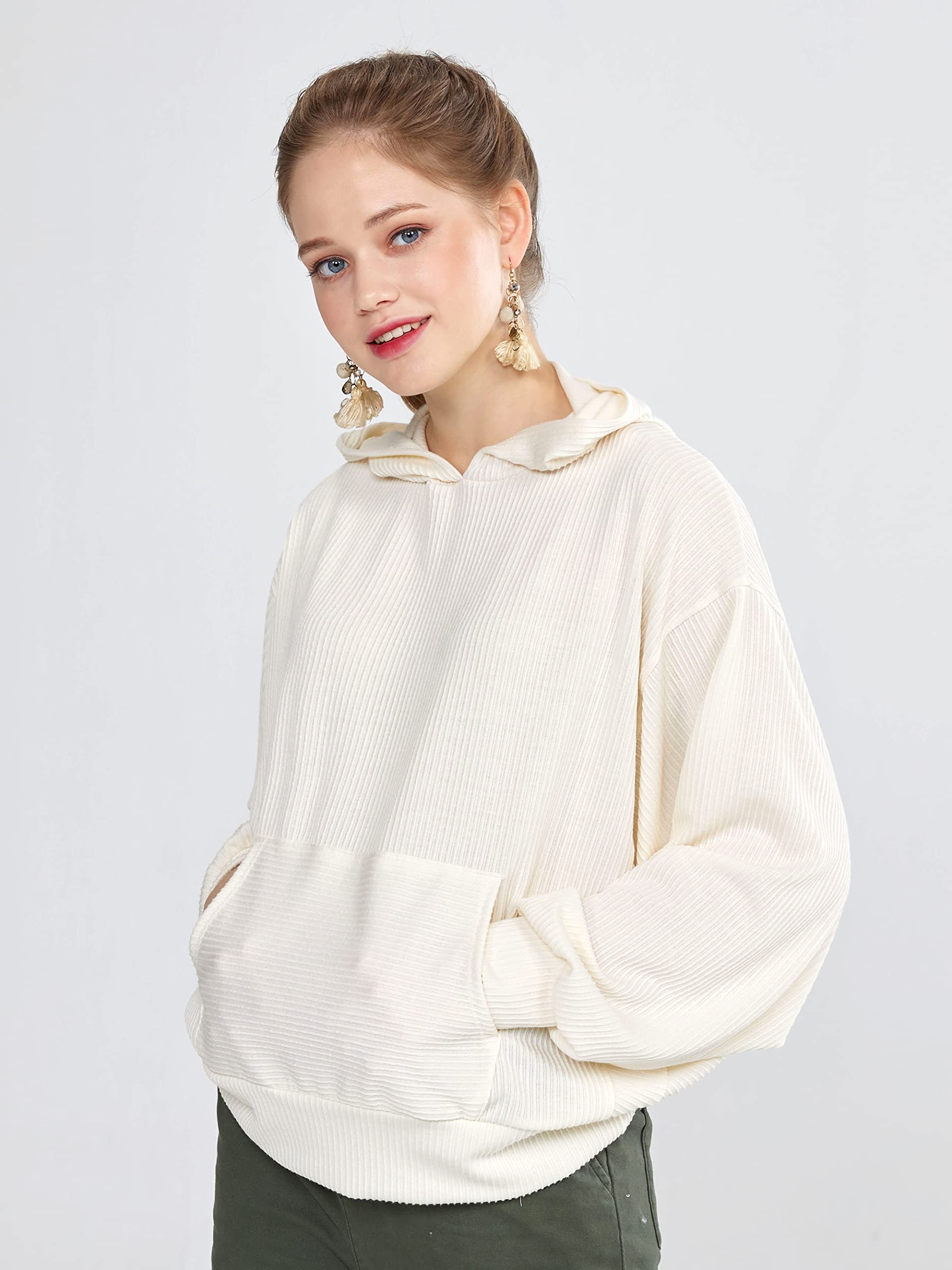 Oversized Dolman Long Sleeves Ribbed Hoodie Sweatshirt (Ivory, L)