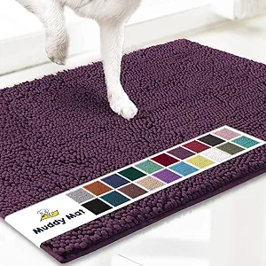 Muddy Mat® AS-SEEN-ON-TV Highly Absorbent Microfiber Door Mat and Pet Rug, Non Slip Thick Washable Area and Bath Mat Soft Chenille for Kitchen Bedroom Indoor and Outdoor - Dark Purple 36" x 120"