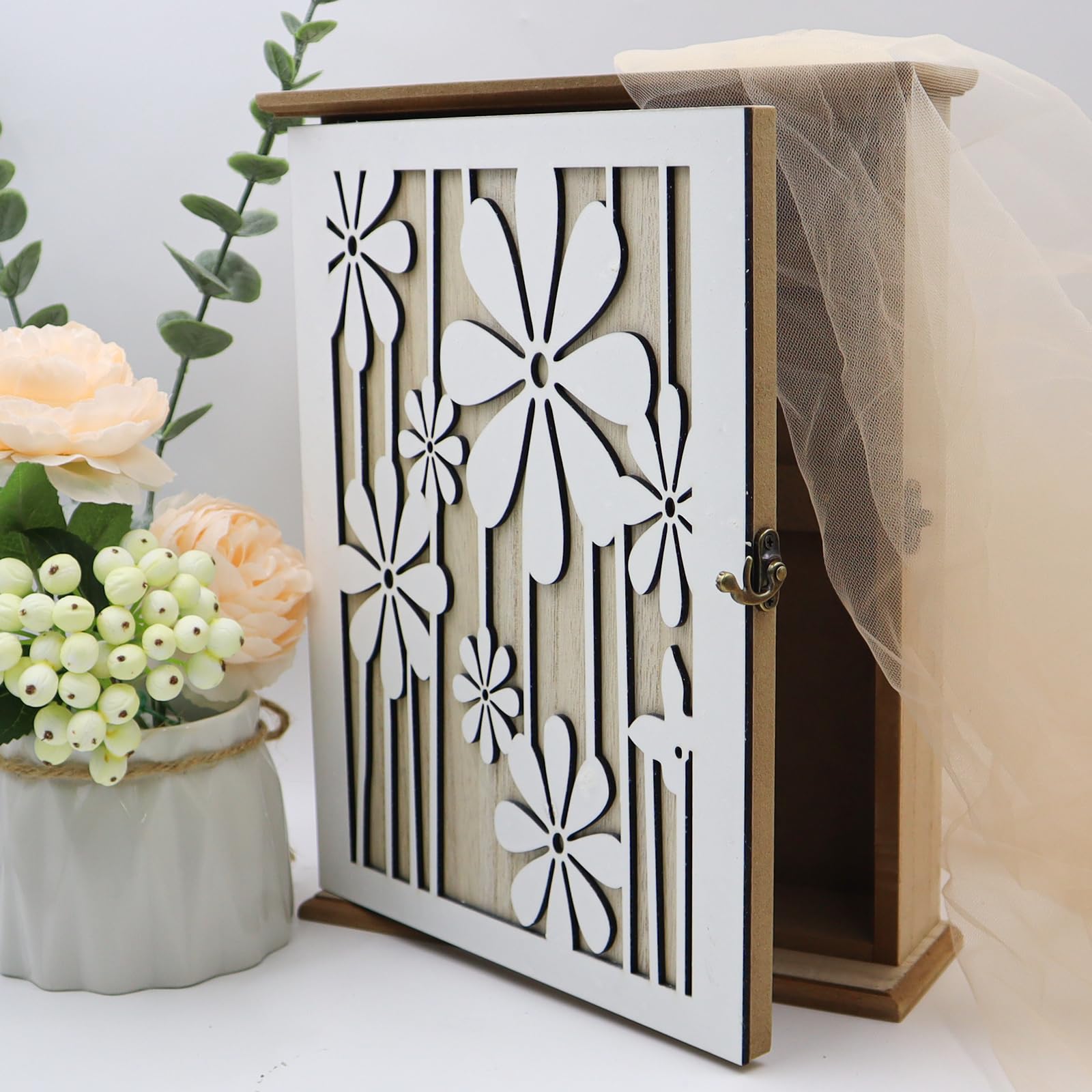 Cassetta Portachiàvi Da Parète in Legno,Elegant Daisy Portachiavi Da Parete,Cassettiera per Chiavi da Parete con 6 ganciper chiàvi per Corridoio D'ingresso Camera Da Letto (28.5x22x7cm)