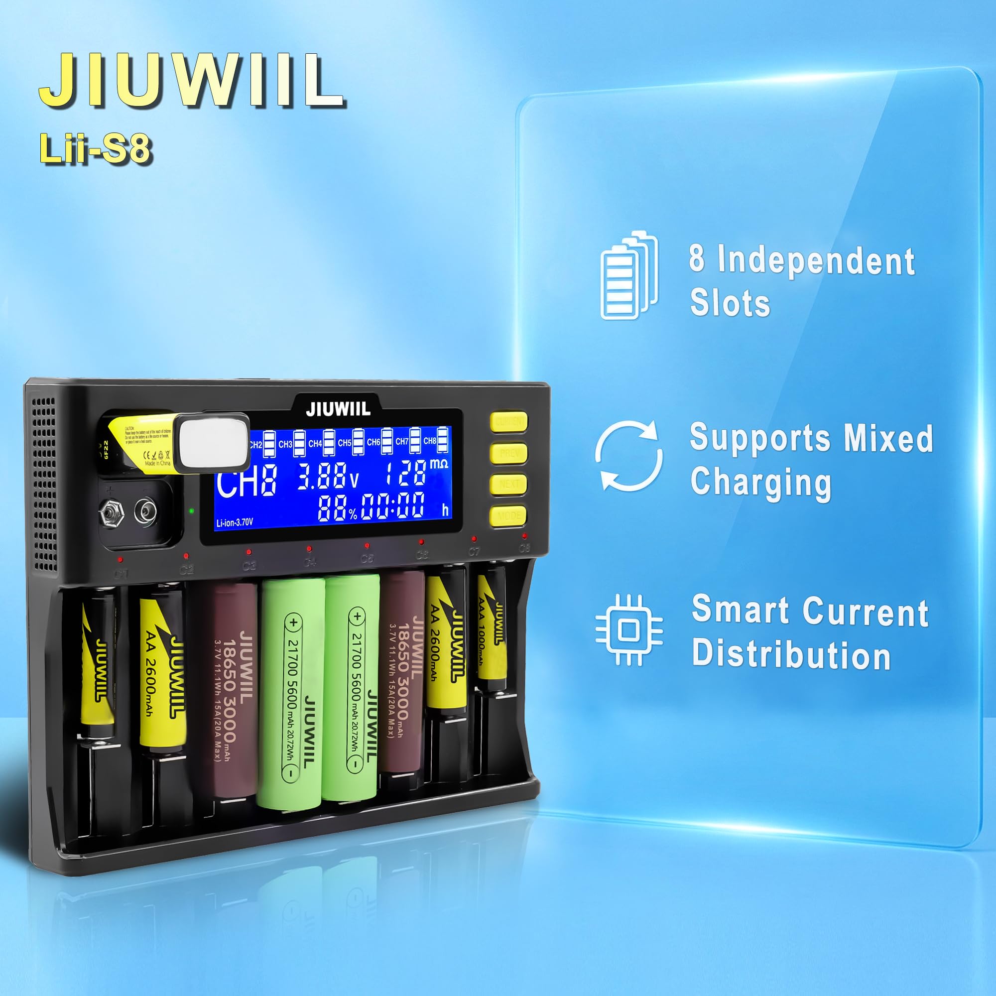 18650 Akku Ladegerät, JIUWIIL 8+2 Schacht Schnellladung Universal Akkuladegerät mit LCD-Display für Wiederaufladbare Akkus Li-Ion LiFePO4 26650 17500 16340 18650 14500 10440 & 9V