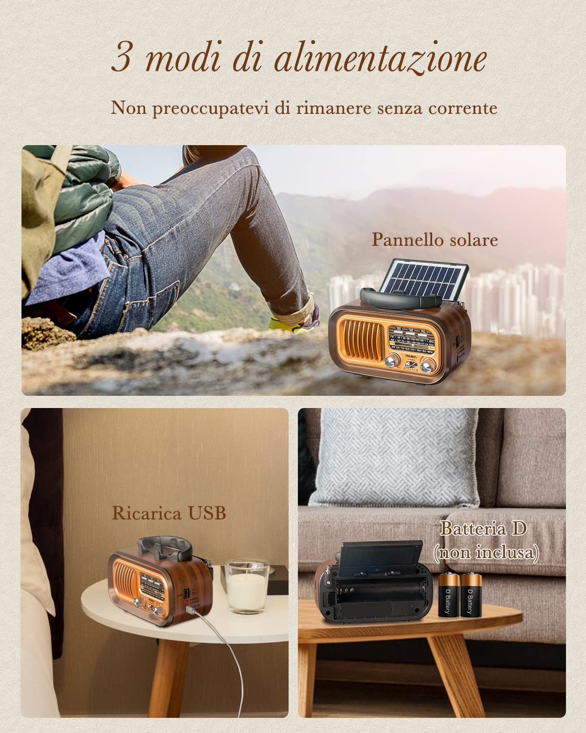 PRUNUS J-150 Radio Portatile Vintage FM/AM/SW Bluetooth Solare Ricaricabile