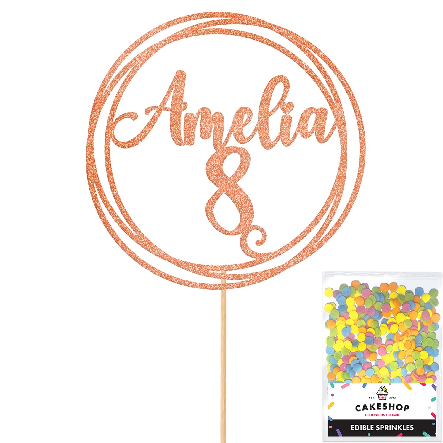Personalised Round Happy Birthday Glitter Cake Topper - Rose Gold Any Custom Age & Name Glitter Cake Decoration and Sprinkles - Happy Birthday Decorations - Personalised Toppers for Cakes by Cakeshop