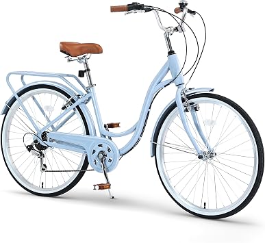 Seray Cruiser Bike 7-Speed City Commuter Bicycle with Step-Through Frame, 24/26 inch Classic Comfort Beach Cruiser with Rear Rack for Adult Women & Men, Steel Frame Bike with Ergonomic Upright Design