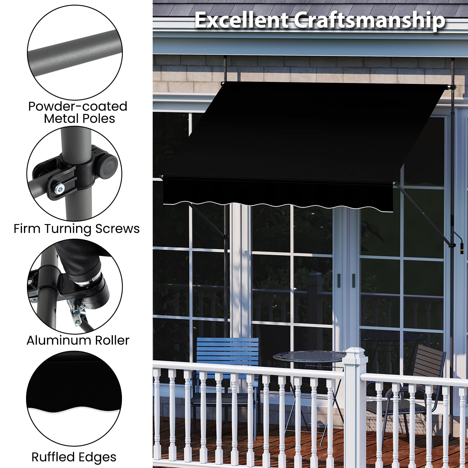 HOMASIS Store extérieur Extensible, Protection Solaire réglable en Hauteur et en Inclinaison, Store de Balcon sans perçage, Pare-Soleil à manivelle (Noir, 200 x 180 x 210-300)