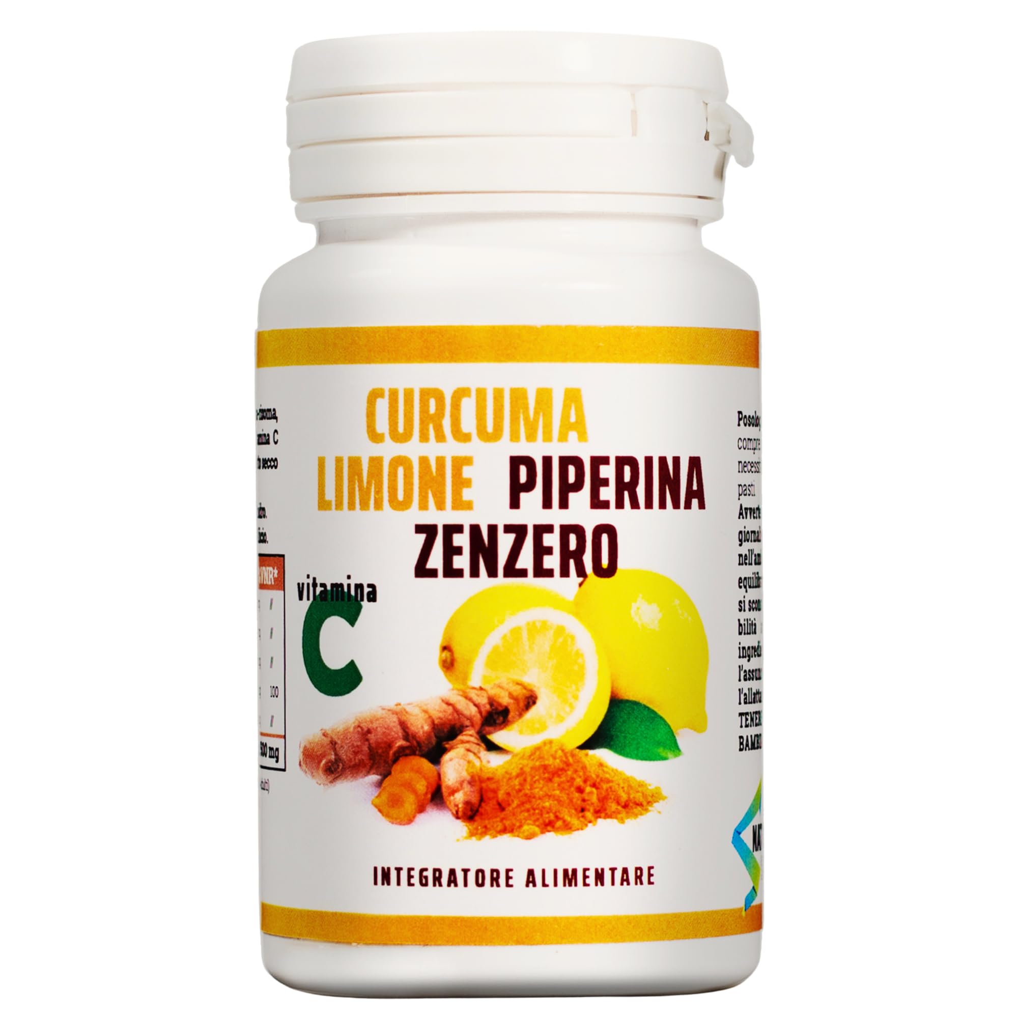 Curcuma Piperina e Vitamina C plus Limone e Zenzero. Dose Forte di Curcuma 5000 mg e Vitamina C + Piperina + Zenzero 130 Compresse Vegane Senza Zuccheri e senza Glutine, Made in Italy