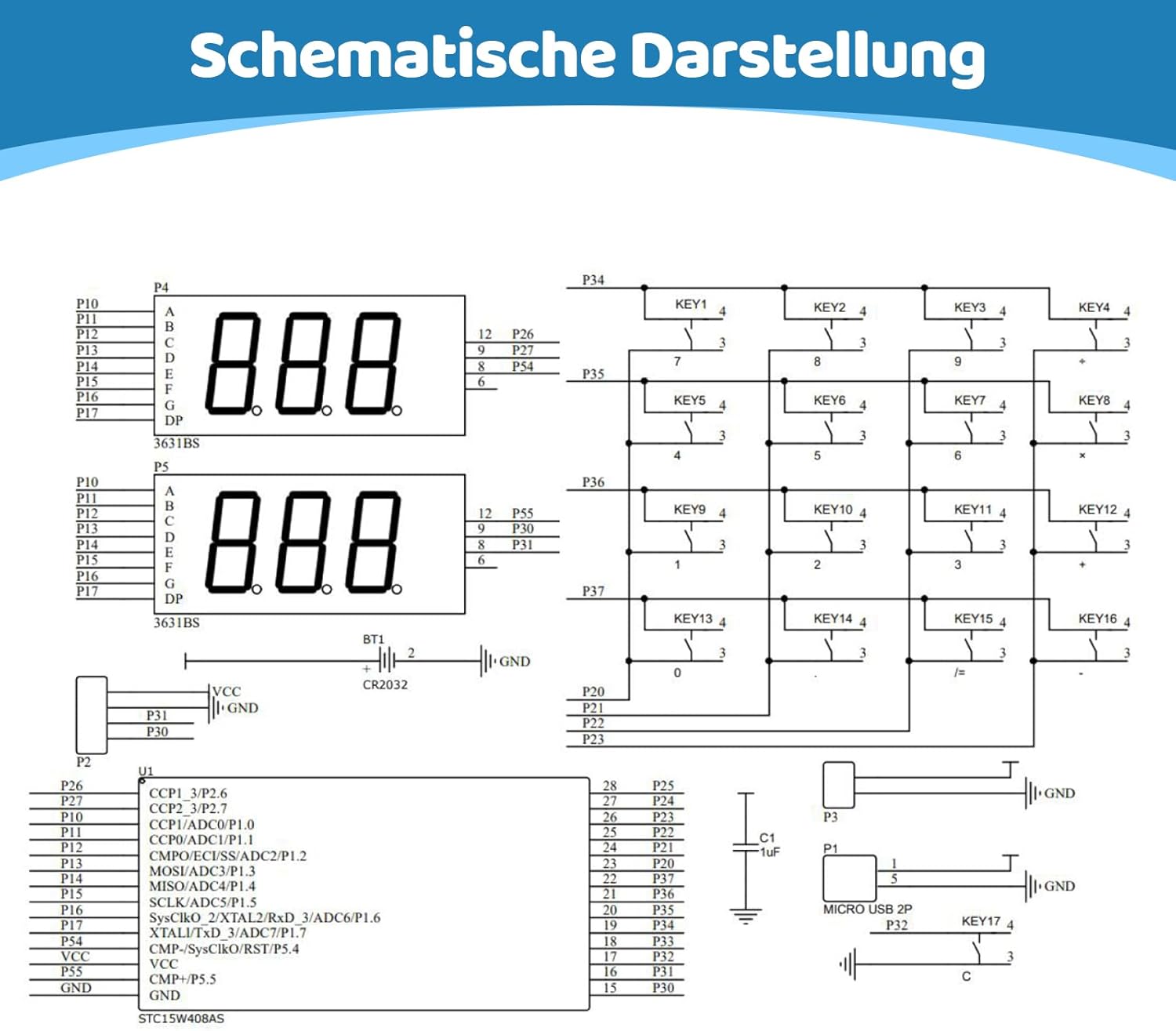 Electronic schematic diagram for the DONGKER 6-Digit Calculator Soldering DIY Kit, showing connections for the 7-segment displays, microcontroller, buttons, and power supply.