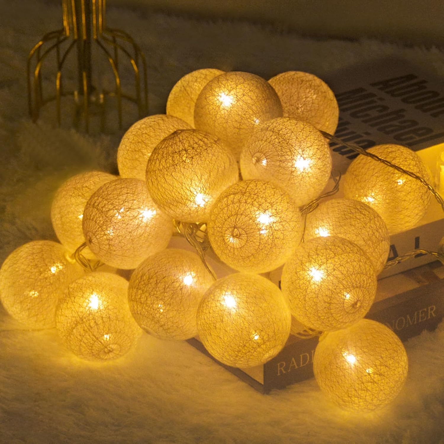 Zodight Pale Yellow Fairy Lights Led String Lights Plug In Indoor - 3.8M 20 Pcs Cotton Ball String Lights White Xmas Fairy Lights Starry Wall Light Wedding Party Home Christmas Decoration（Pale Yellow）