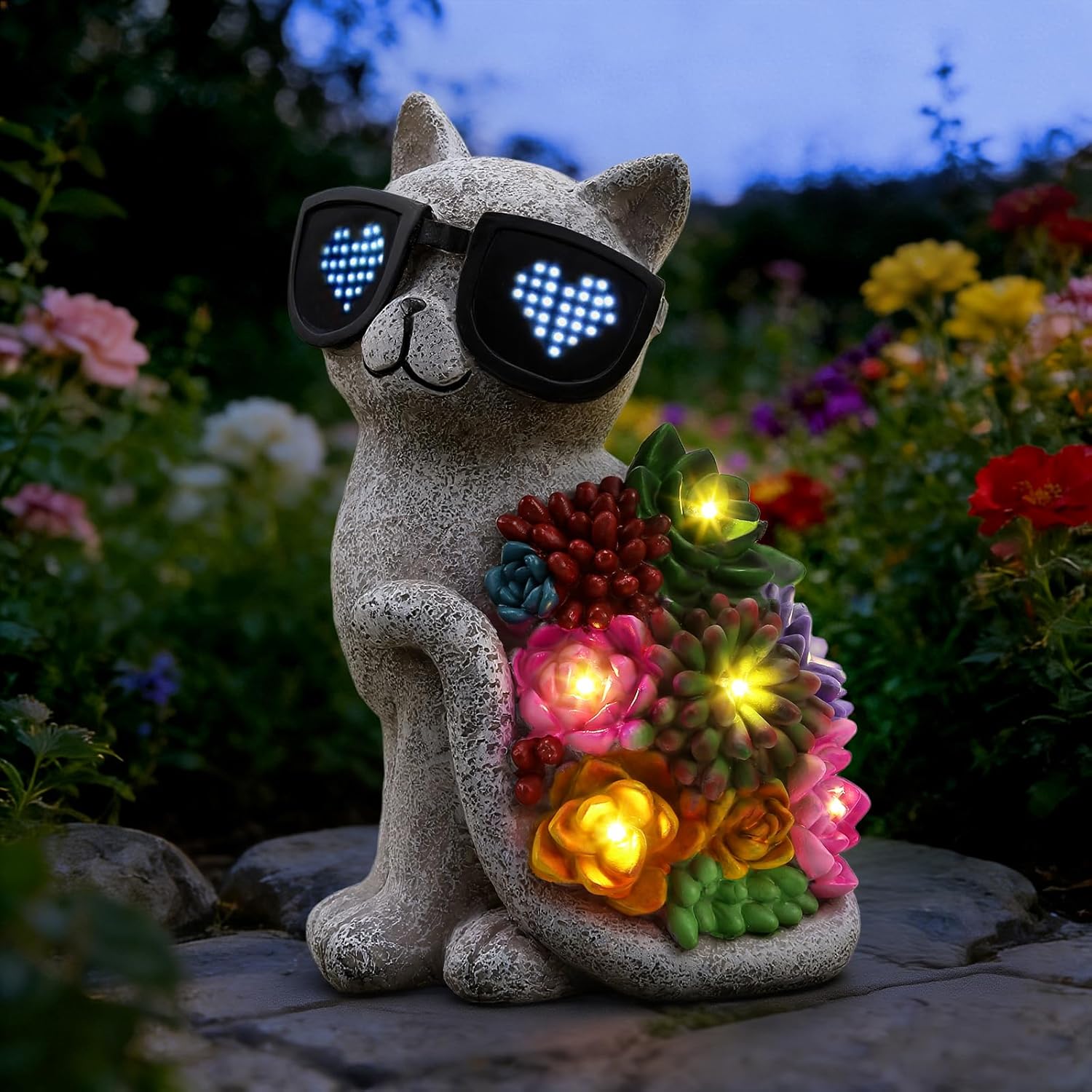 Solar Cat Statue Outdoor Garden, Glasses Cat Figurines with Succulent and 7 LED Lights, Waterproof Solar Cat Decoration for Yard Patio, Perfect Cats Lovers Gifts for Women Home Decor