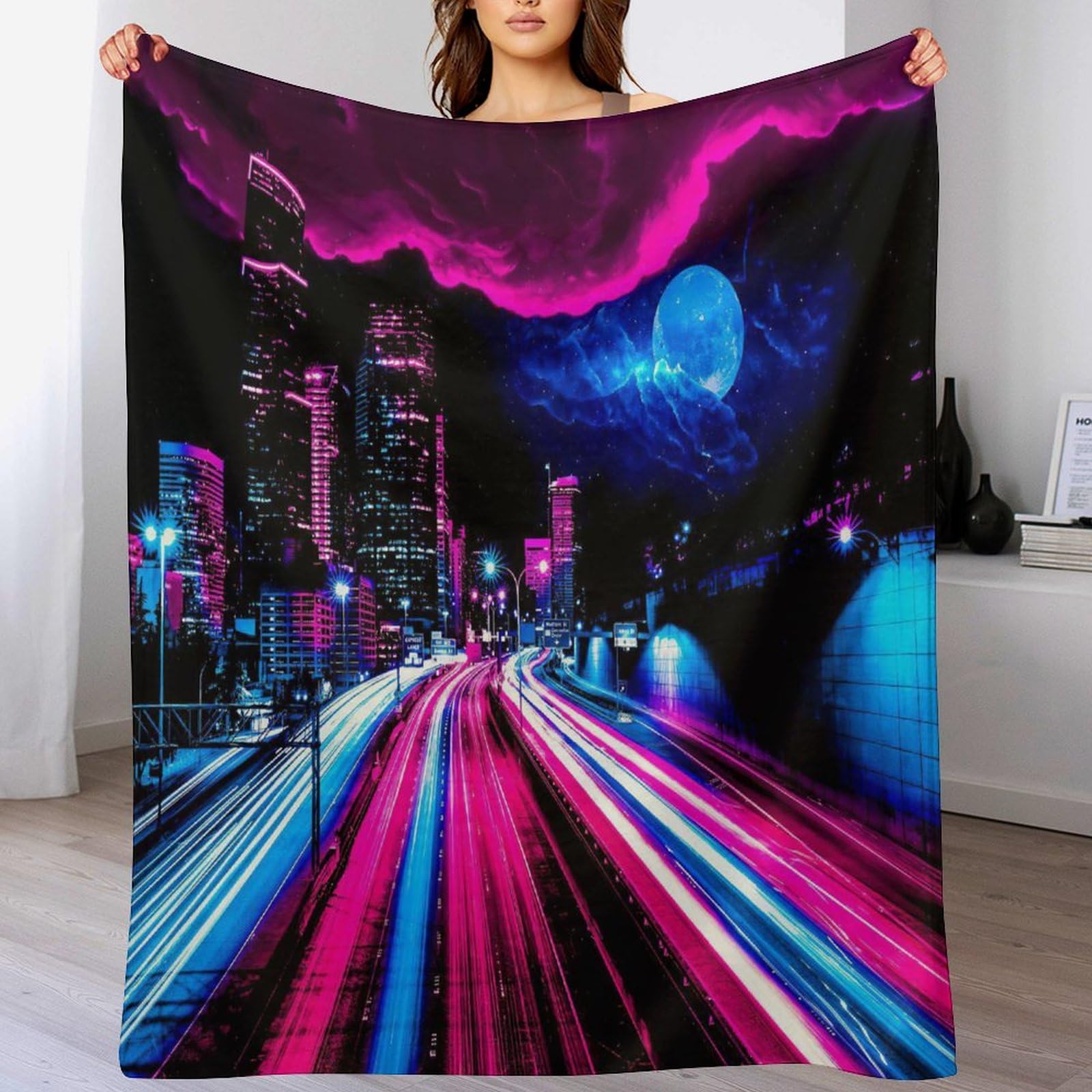Couverture 3D Ville rose et bleue, plaid de canapé moelleux et lavable pour soirées cocooning