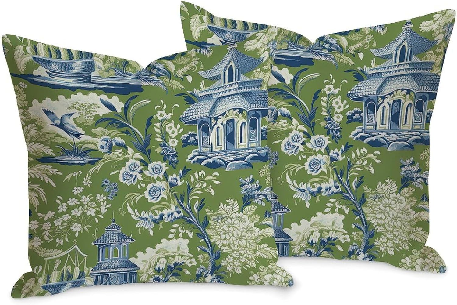 Pagoda Garden Imperial Green Chinoiserie Throw Pillow Cases Set of 2, Modern Gifts White Cotton Linen Bed Home Decoration Cushion Covers with Hidden Zipper 20" Square Outdoor Throw Pillow Covers