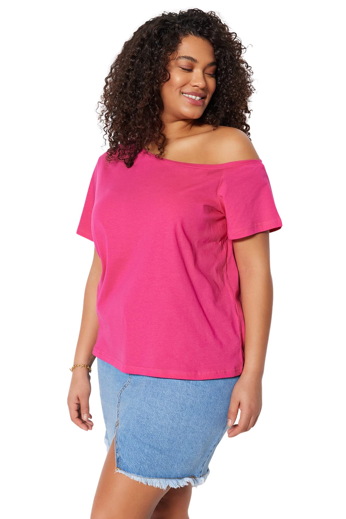 Trendyol Blusa de Talla Grande-Rosa-Ajustada Camisa para Mujer