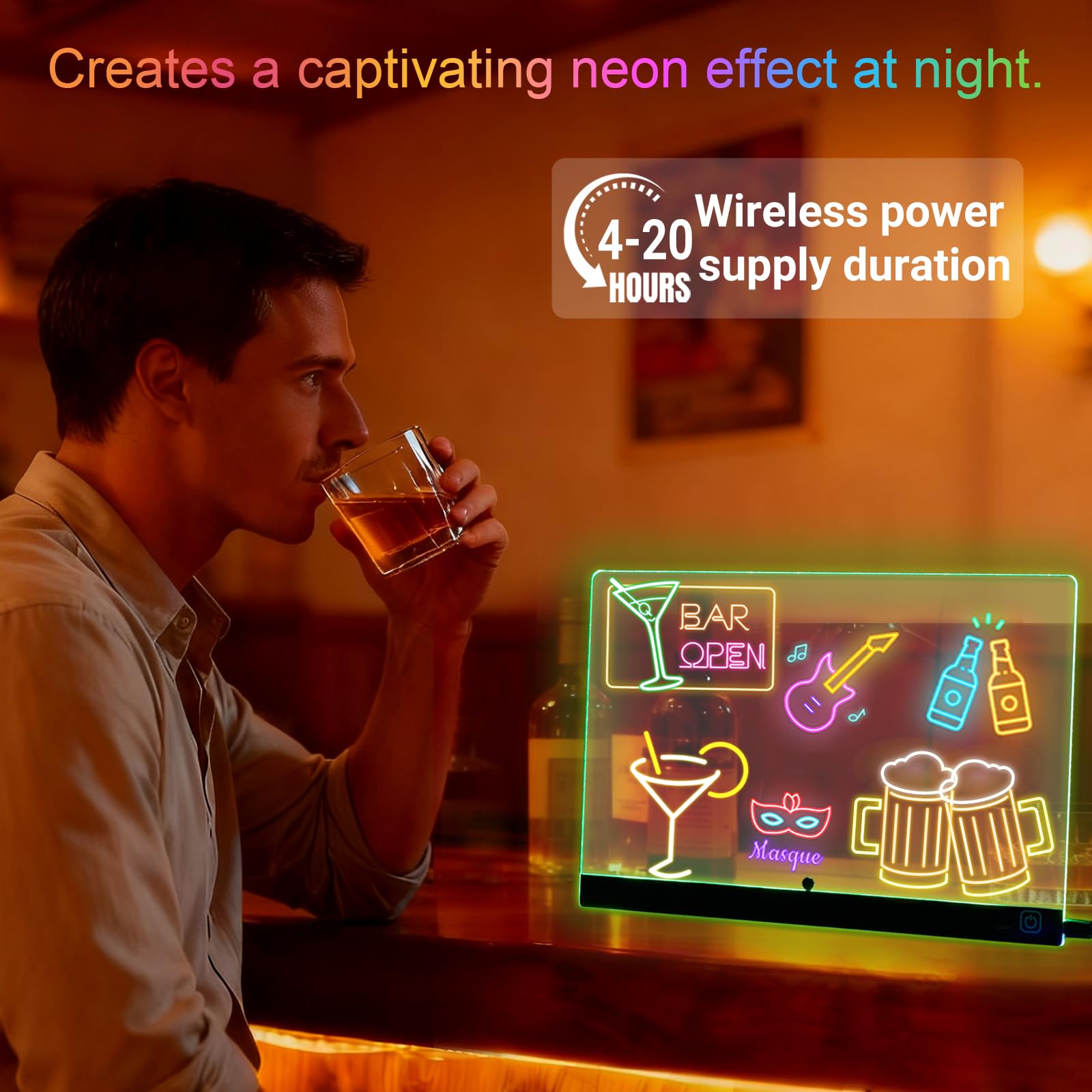 Tismels Lavagnetta in Acrilico con Luci LED 30x20cm, Lavagna Promemoria LED Con 7 Colori penna e supporto, per Ufficio Scuola Casa Caffè