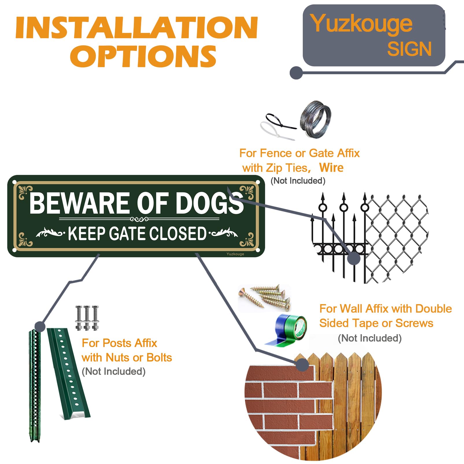 Yuzkouge Beware of Dog, Keep Gate Closed Sign- 2 Pack, 10” x 3” Rust Free Aluminum Sign, Weatherproof, Fade Resistant, Easy Mounting - Image 3