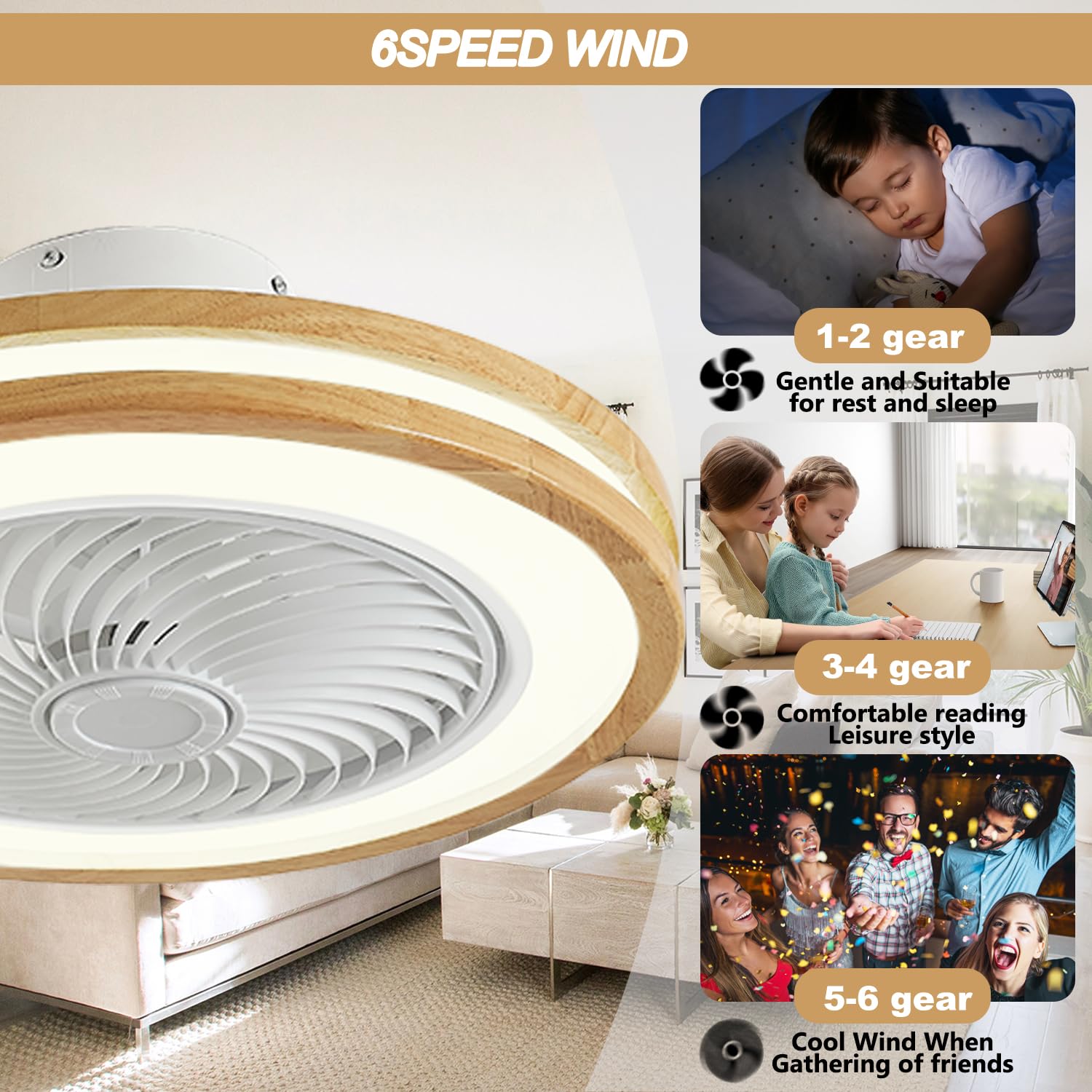 Ventilateur Plafond Bois Avec Lumière LED - 52cm, Télécommande, 6 Vitesses, Réversible | Style Acajou, Silencieux, Pour Pièce 10-15m²