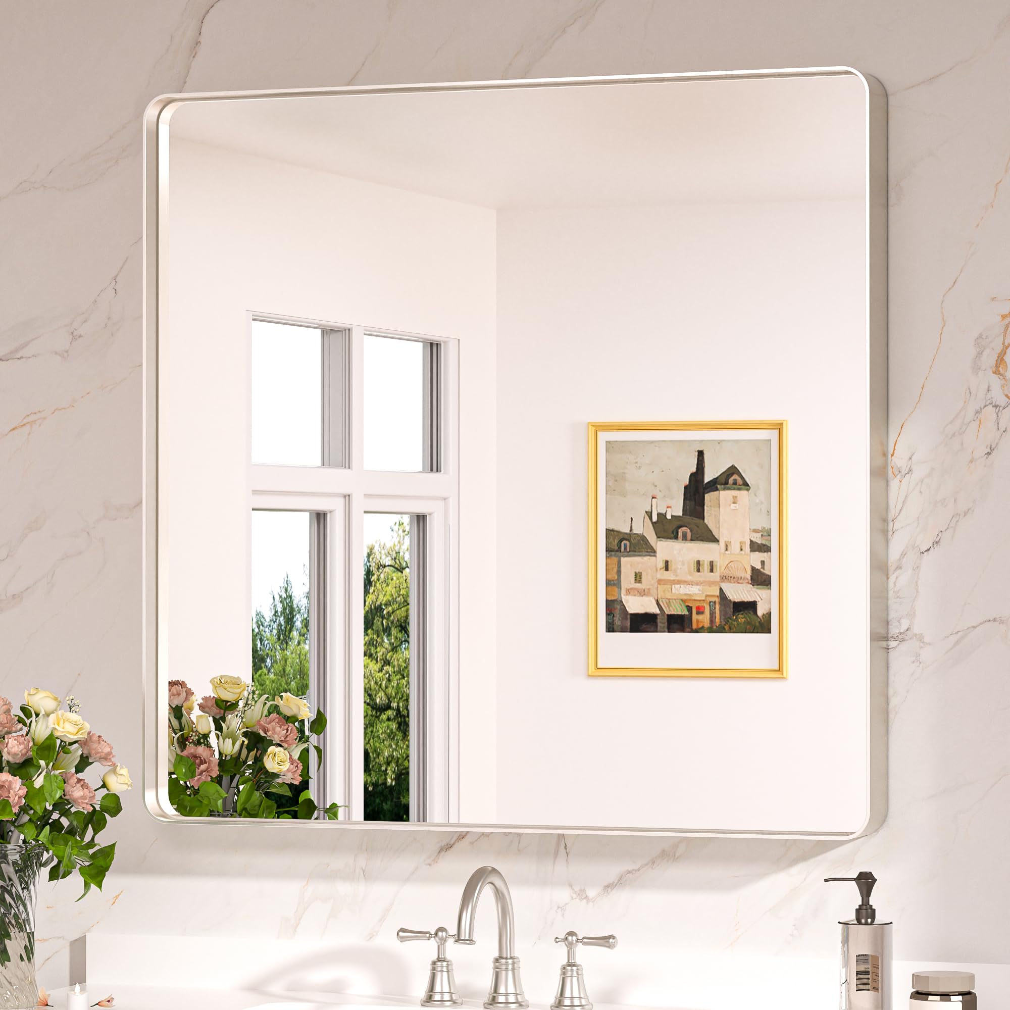 Keonjinn Brushed Nickel Rectangular Bathroom Mirror 90x90cm, Wall Mirror Aluminium Metal Frame HD Glass Vanity Mirror for Bedroom Living Room Entryway Home Decor — image 1