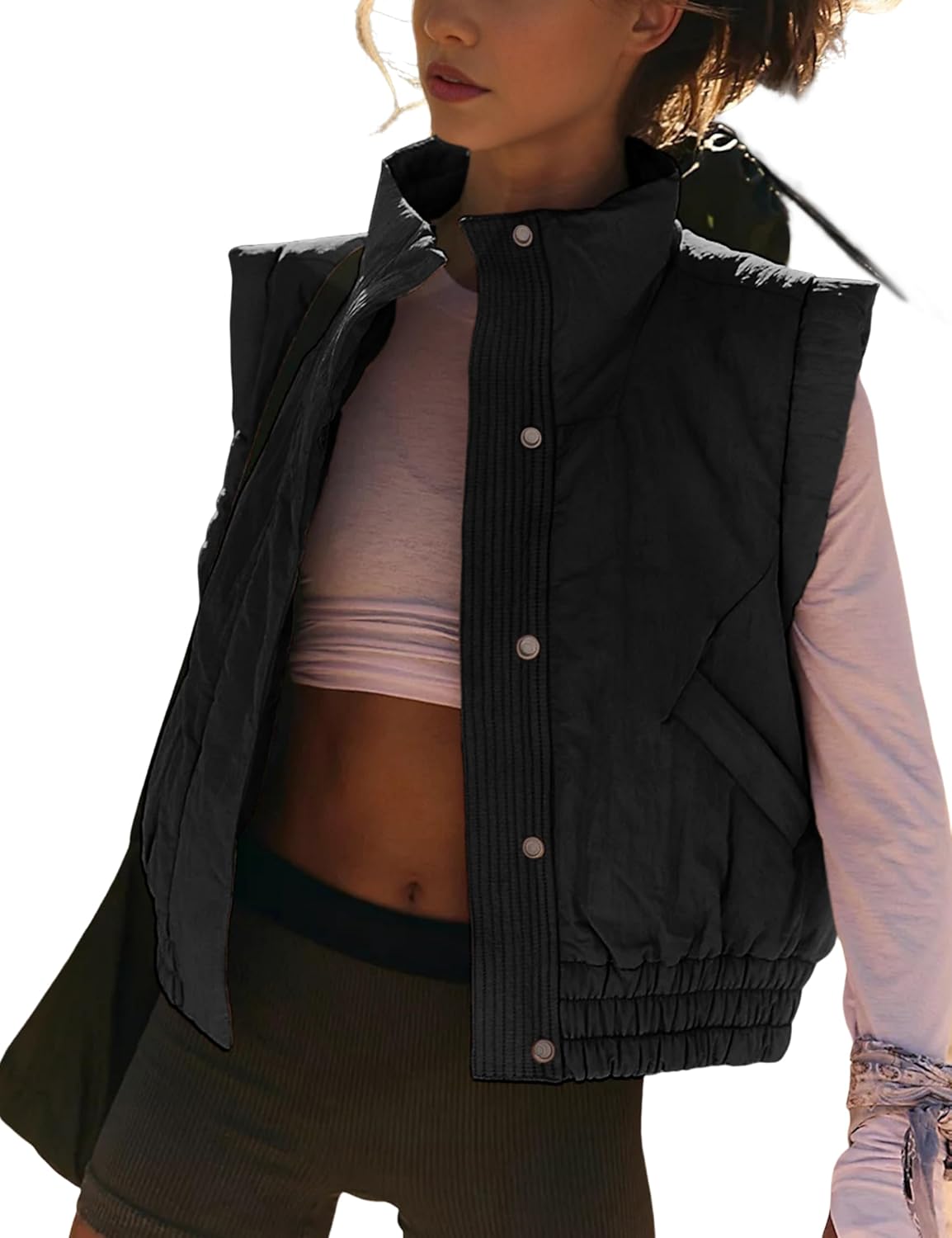 SKIKYAN Women Quilted Puffer Vest Button Down Scrunch Sleeveless Winter Stand Collar Padded Gilet with Pockets