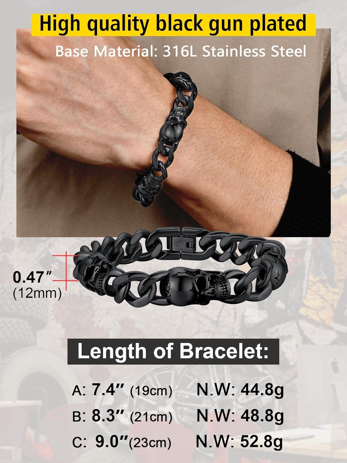 ChainsProMax Men Cuban Link Bracelet Skull Bracelets, 7.5"-9" Inches, Stainless Steel/Gold Plated/Black-Send Gift Box