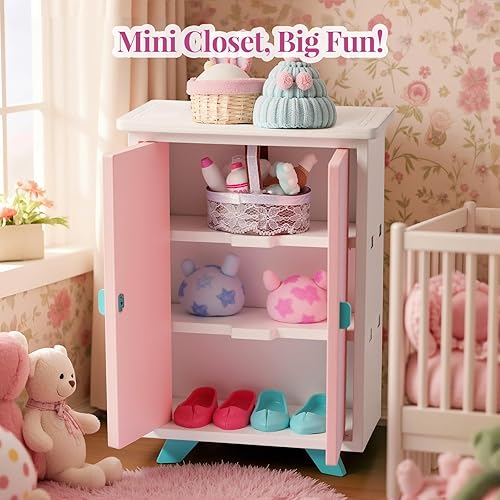 Miniatura 5 de BABESIDE Juego de muebles de dormitorio de casa de muñecas, 7 piezas de accesorios de casa de muñecas de madera rosa para muñecas de 3 pulgadas con