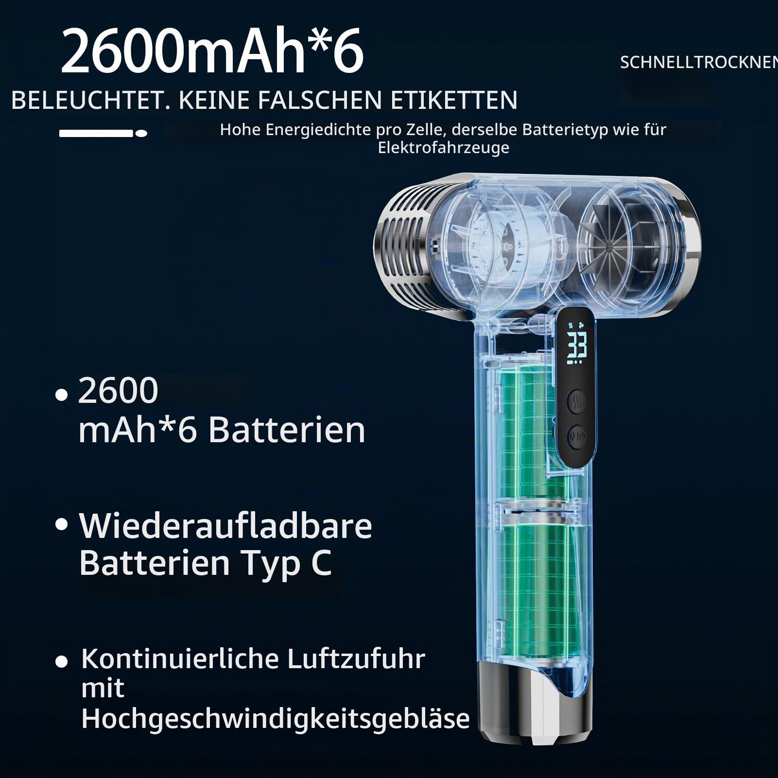 Kabelloser Haartrockner 100.000 U/min, 15000mAh Föhn USB Wiederaufladbarer Reiseföhn 200W, Tragbarer Fön mit Düse für Reisen Camping