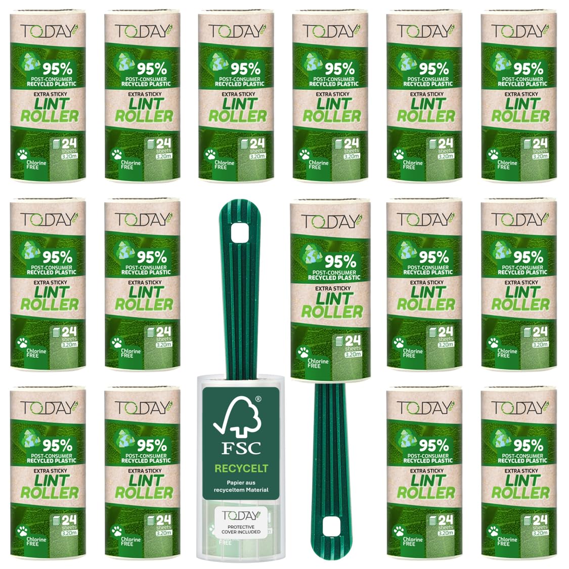 Today Eco - Fusselrolle 16 Rollen + Deckel + 2 Abroller 95% recyceltes Material - Fusselrolle Tierhaare Easy-Peel - Geeignet für Haare, Staub, Kleidung, Tierhare