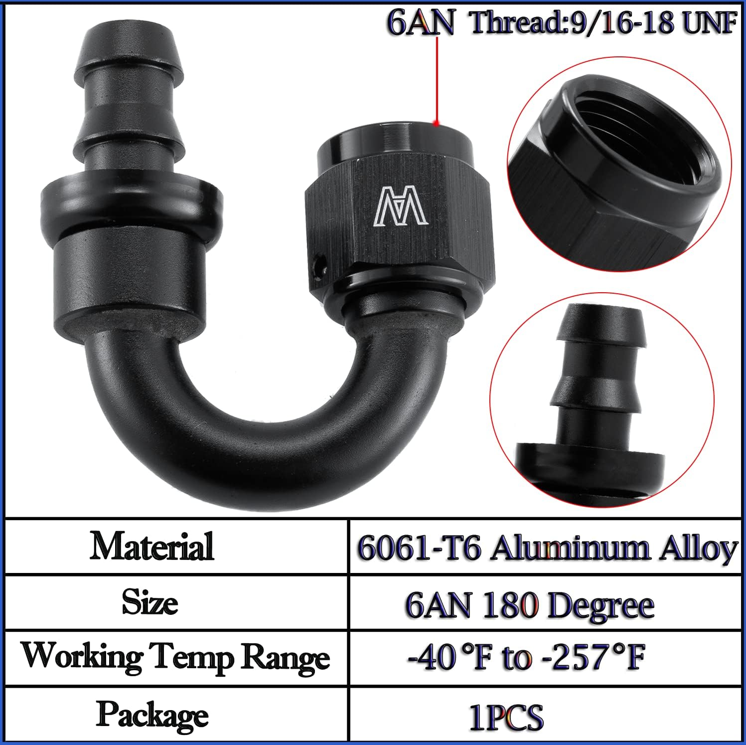 6AN 180 Degree Swivel Hose End Fitting Aluminum Black Female 6 AN Push-on Fuel Line Connector