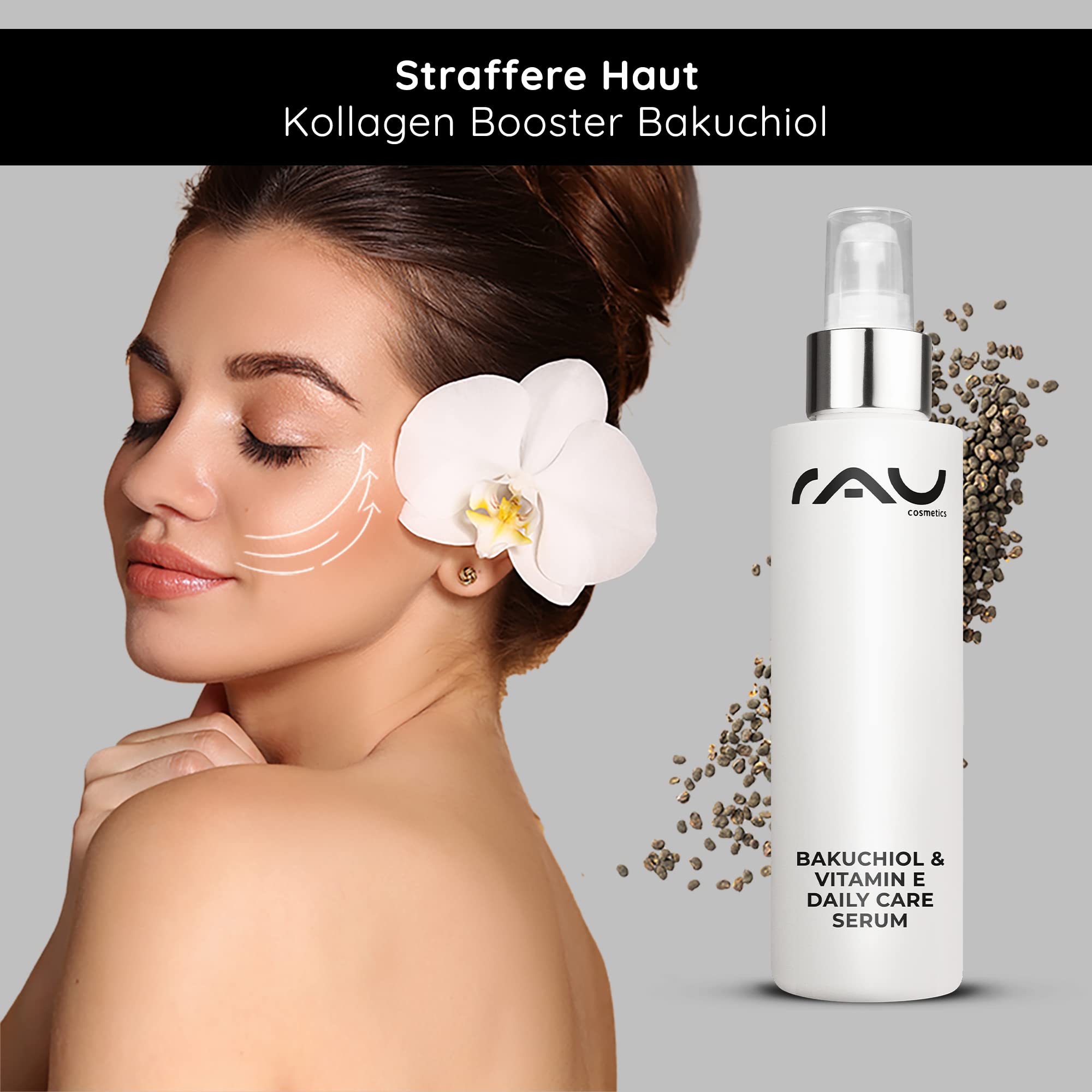 RAU Cosmetics Bakuchiol Vitamin E Serum 100ml - Anti-Aging Gesichtsserum mit pflanzlicher Retinol-Alternative - Feuchtigkeitsserum mit Squalan Bisabolol für alle Hauttypen - Made in Germany