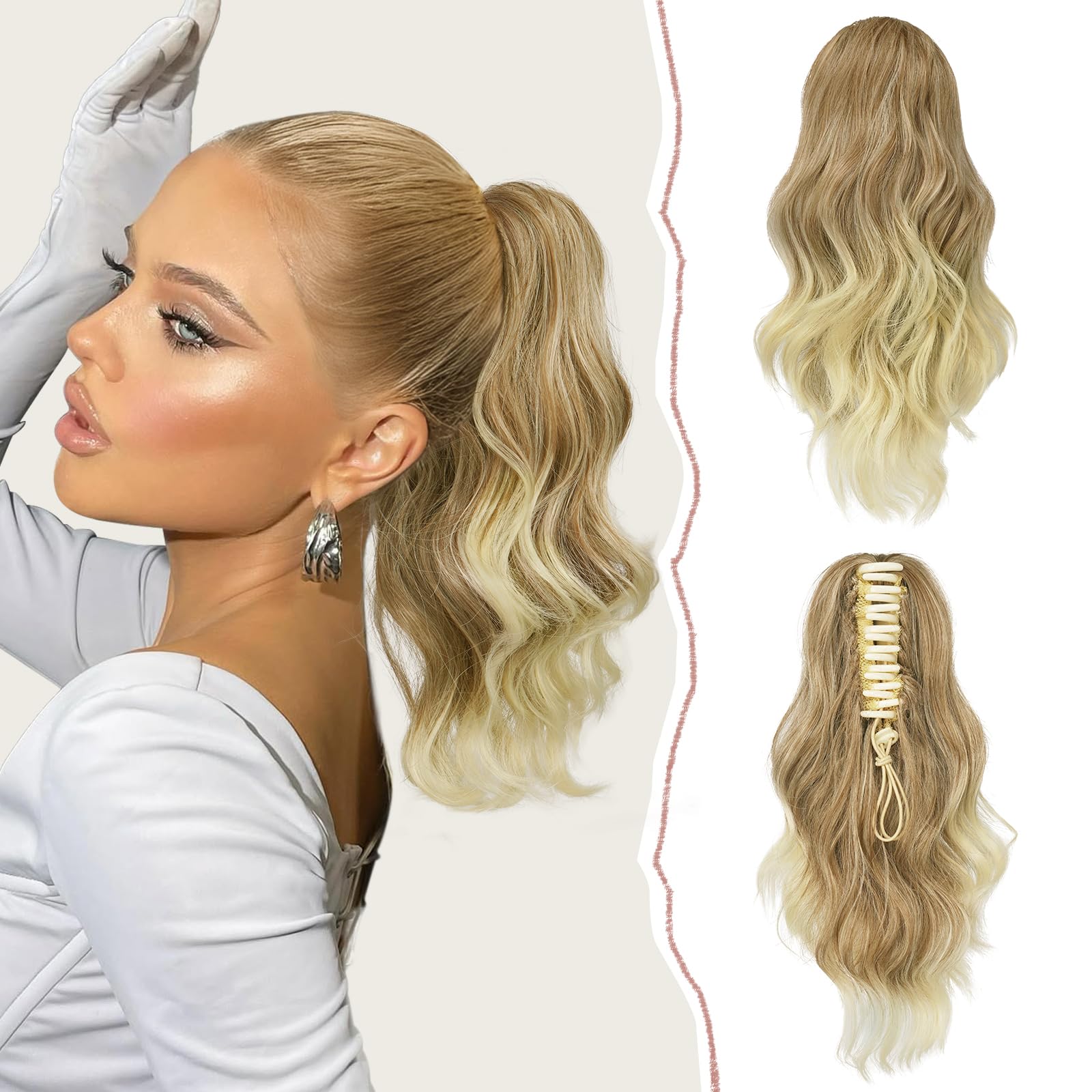 Sofeiyan Court Ondulée Extension de Queue De Cheval Pince 35cm Queue de Cheval Extension Synthétiques Postiche Pince à Griffe Bouclés Cheveux Queue De Cheval d'Aspect Naturel pour Femme,Blond