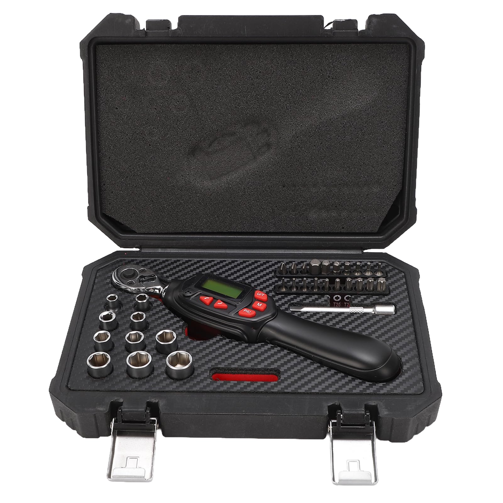 Yosoo Health Gear Cyfrowy Zestaw Kluczy Dynamometrycznych 1 4-calowy Klucz Dynamometryczny 1,5 do 30 Nm z Brzęczykiem LED 32-częściowy Zestaw Gniazd Sześciokątnych Przechowywanie Danych dla (32