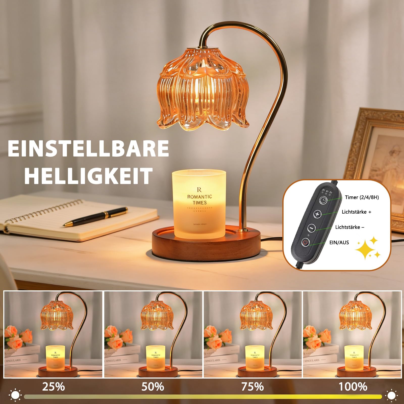 Justup Podgrzewacz świec, kwiatowa lampa do podgrzewania świec z timerem i 2 żarówkami, z regulacją wysokości, elektryczny podgrzewacz wosku, urodziny, Walentynki dla kobiet (brązowy)
