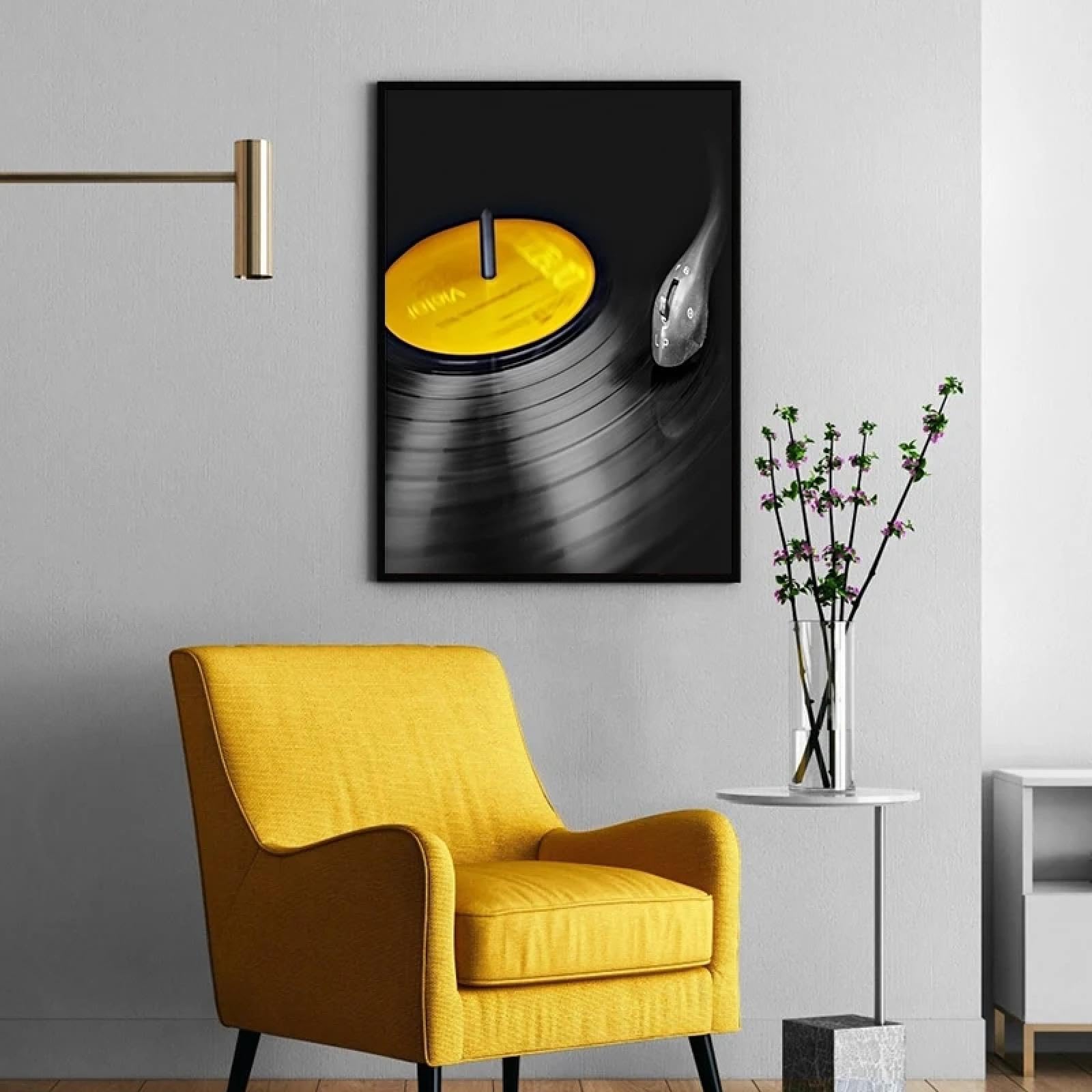 BMGKYAGL Poster musicale antico giallo, fonografo, registratore a disco, quadro da parete, tela, decorazione estetica per la casa, 50x75cmx3 cornice