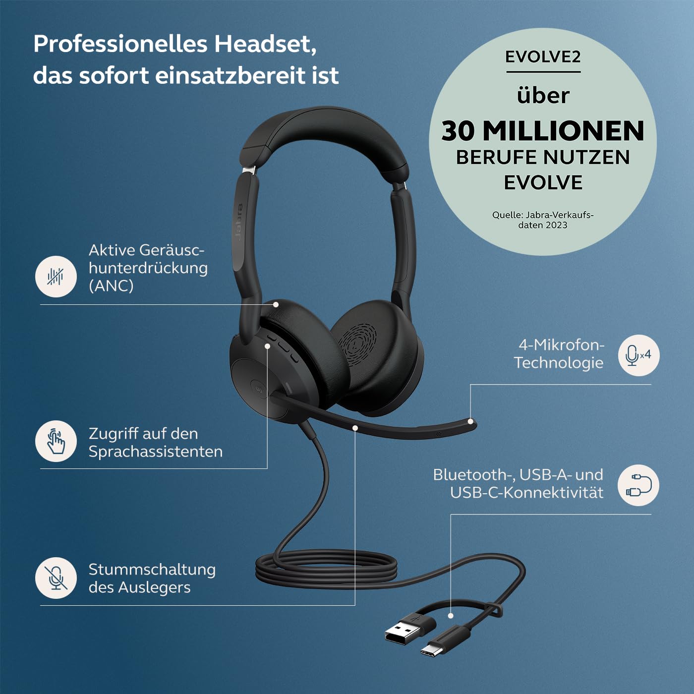 Jabra Evolve2 50 - USB-A/USB-C - schnurgebundenes Dual Headset Zertifiziert für Microsoft Teams