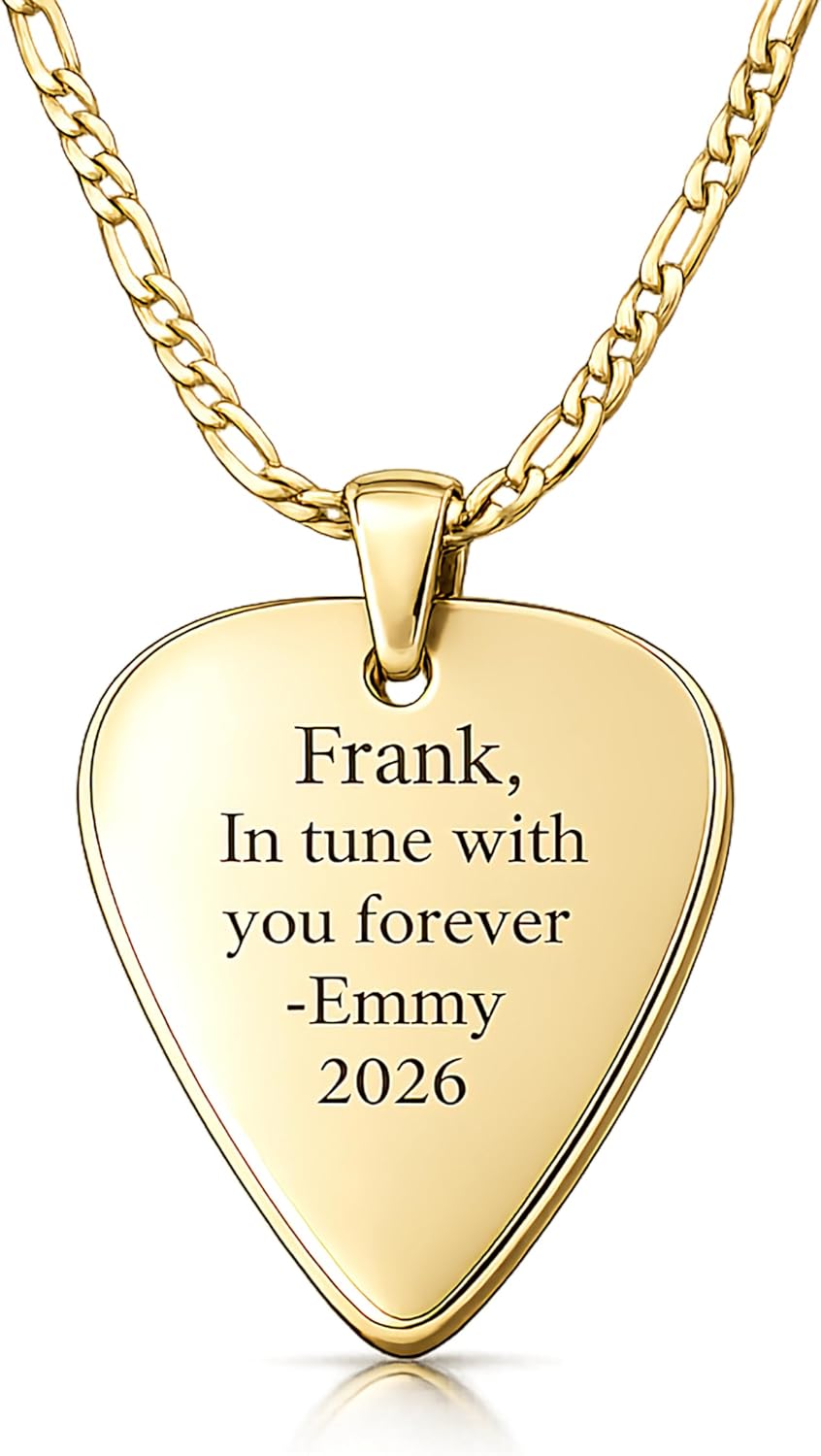 A & L Engraving Personalized Gold Guitar Pick Necklace Engraved Free - Music Pendant - Custom Gift for Guitarist - Musician Jewelry - Ships from USA