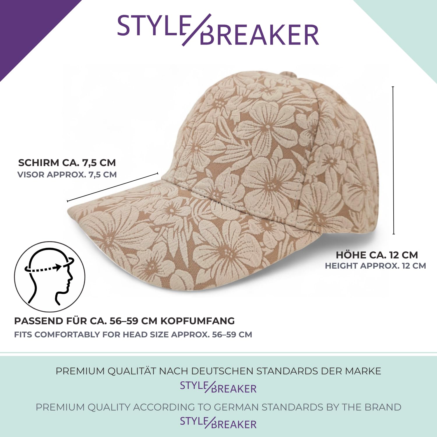 styleBREAKER Berretto da Baseball da Donna con Motivo Floreale Tono su Tono | Cappellino a 6 Pannelli Regolabile con Chiusura a Strappo | Cappello Sportivo a Fiori Street Style