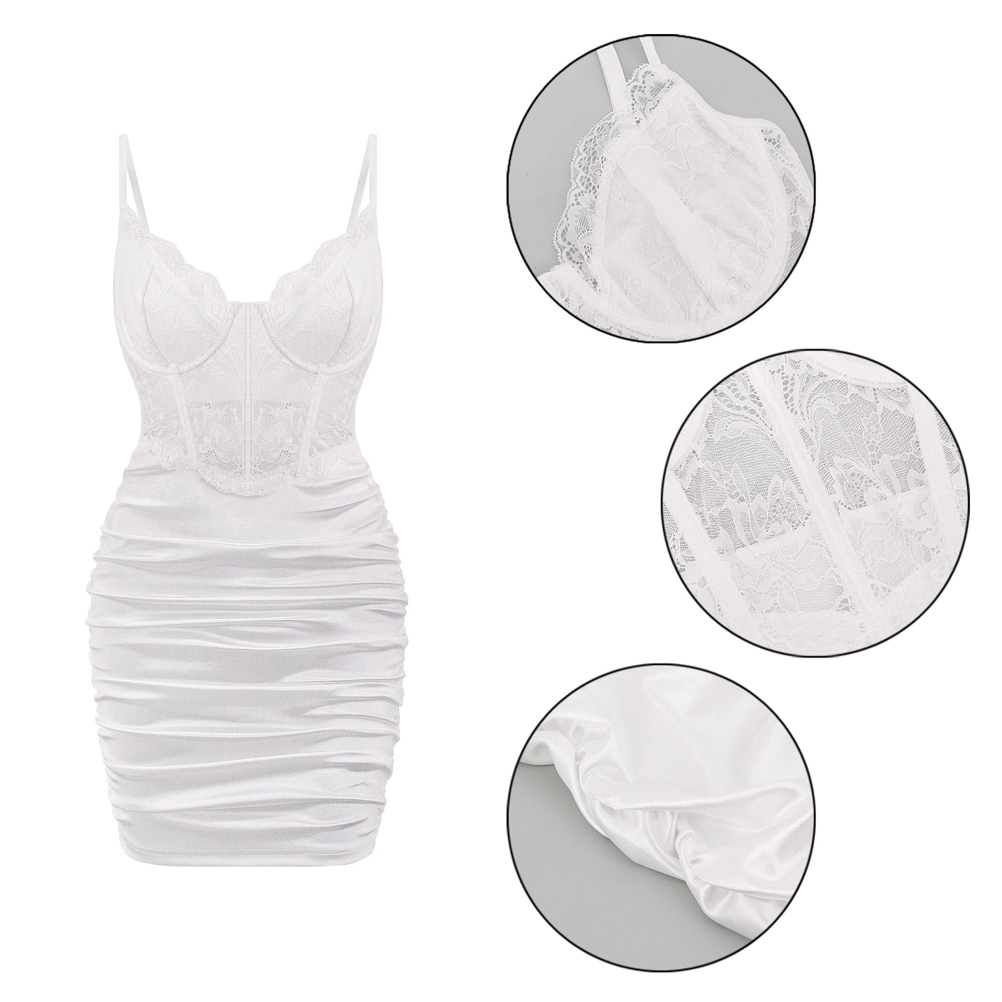 Naimo Abito corto da donna in pizzo, sexy, con spalline sottili, per cocktail, feste, balze, bodycon