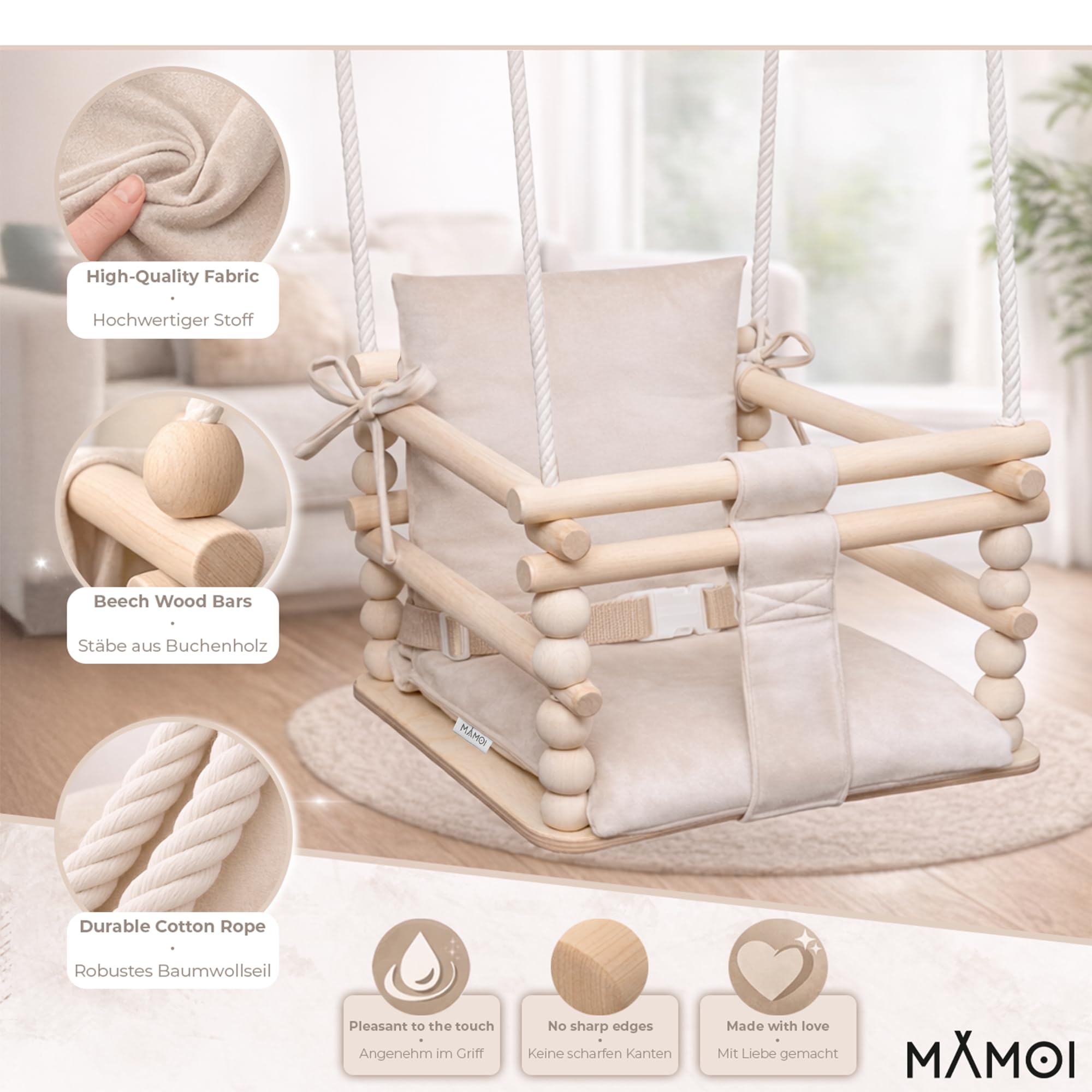 MAMOI® Huśtawka dziecięca 3 w 1 + PAS BEZPIECZEŃSTWA | Regulacja wysokości 190-260cm | Drewniana huśtawka dla dzieci | Wewnętrzna huśtawka dla dzieci do domu | CE | 100% ECO | Wyprodukowano w UE