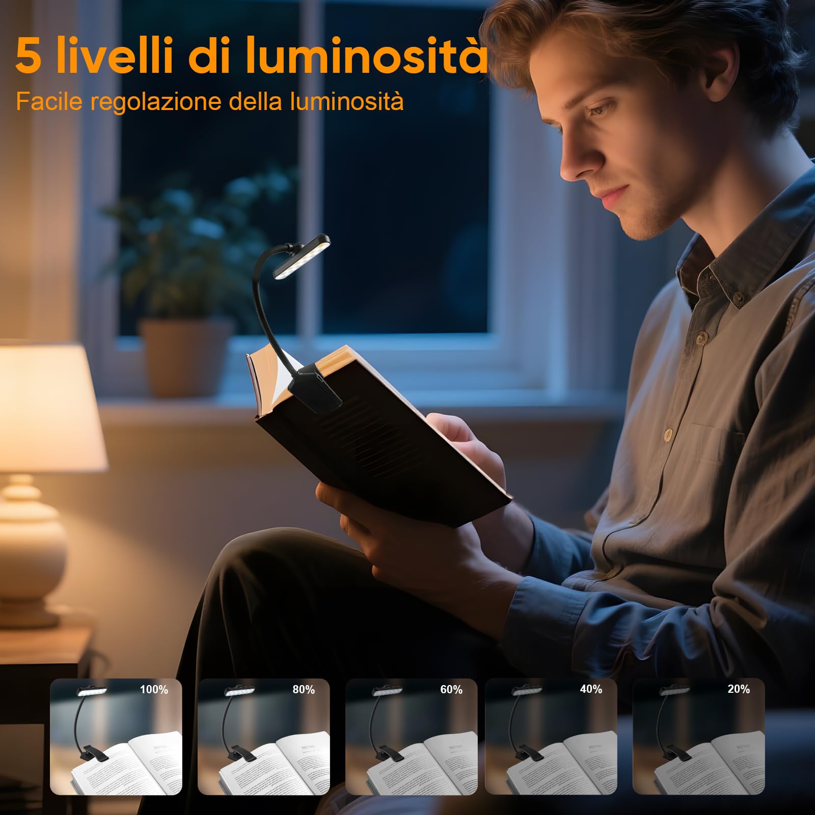 Lampada da Lettura con Clip Ricaricabile, 24 LED 3 Temperature di Luce (2700K/4000K/6000K), 5 Livelli Luminosità, 360° Regolabile, Batteria 1000mAh USB-C - Ideale per Letto, Libri, Bambini e Ufficio