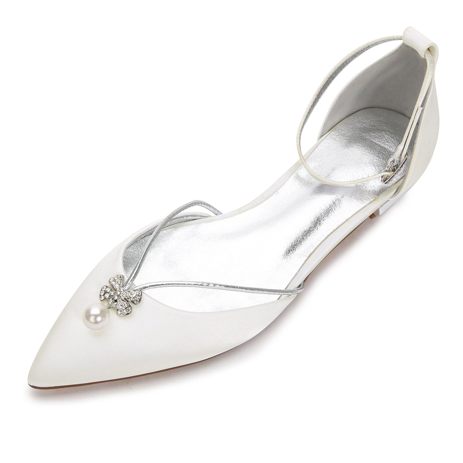 Creativesugar Women Flat Dress Shoes, Pointed Toe D'Orsay Ankle Strap with Pearl Crystal Bridal Wedding Flats
