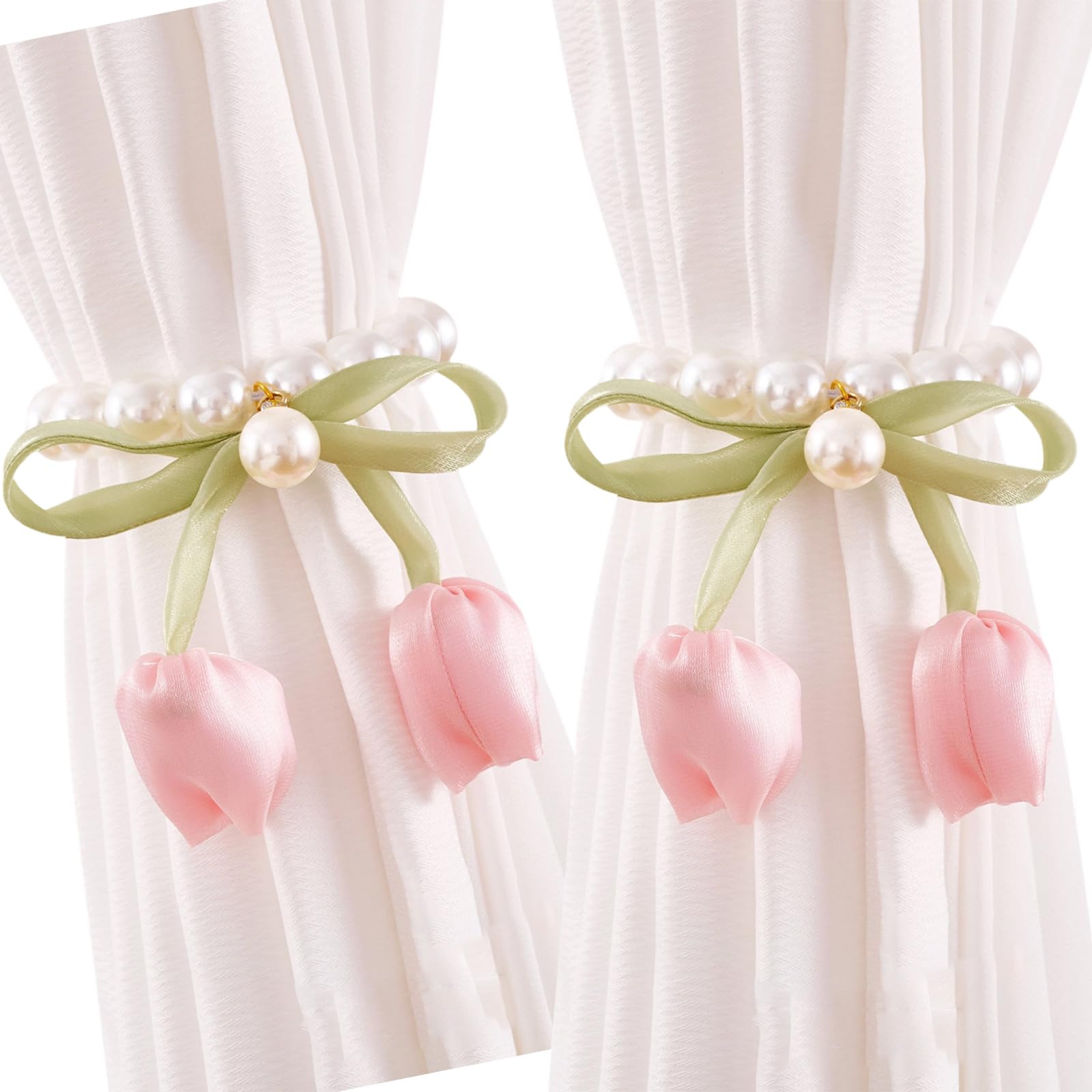 hogtnd 2 Pieces Magnetic Closure Curtain Holdbacks Tulip Bow Beads Beads Window Curtain Tiebacks for Living Room Bedroom Elegant Curtain Holdback