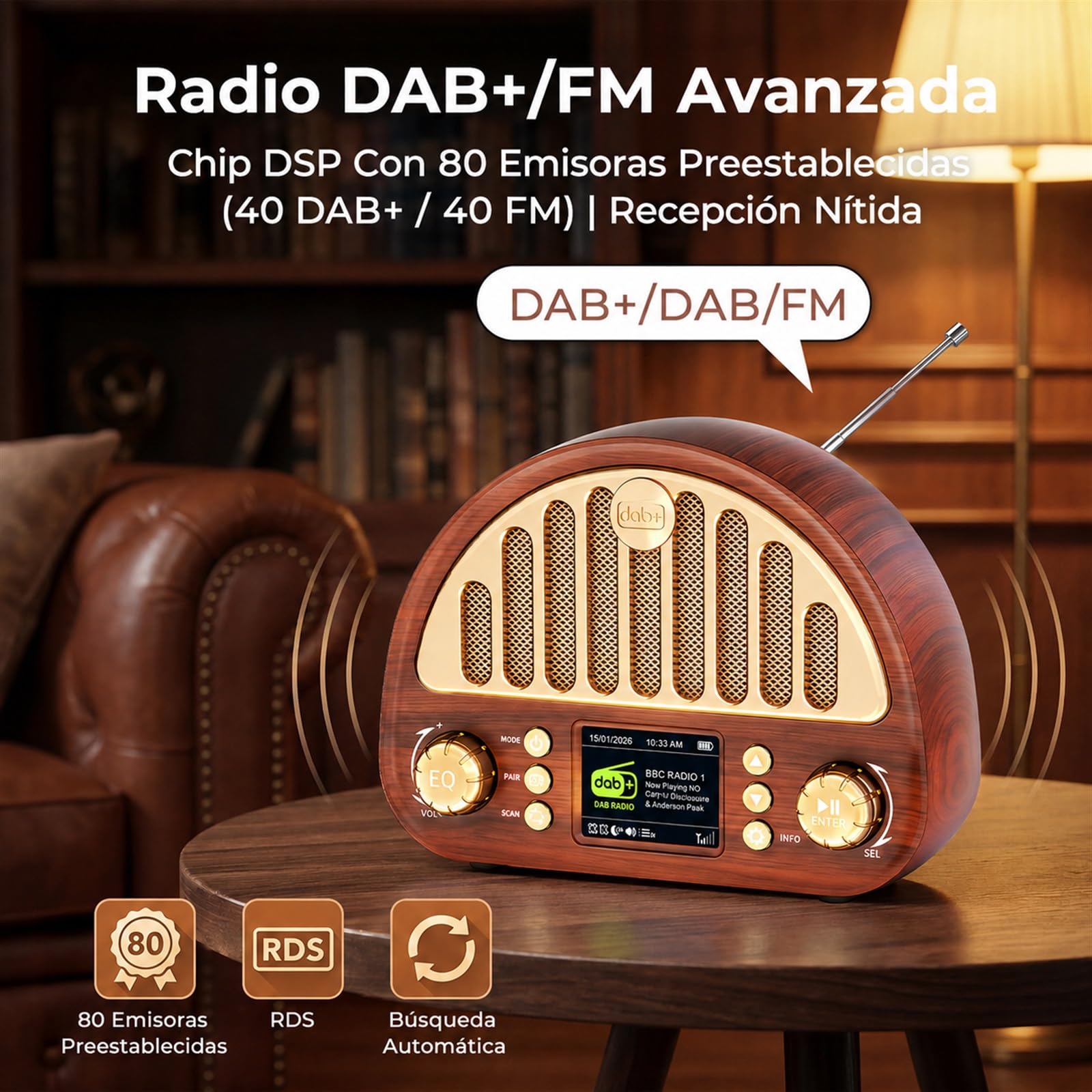 ROCAM Radio Retro Vintage Dab+/Dab/FM con Bluetooth 5.0 & 3000mAh Batería