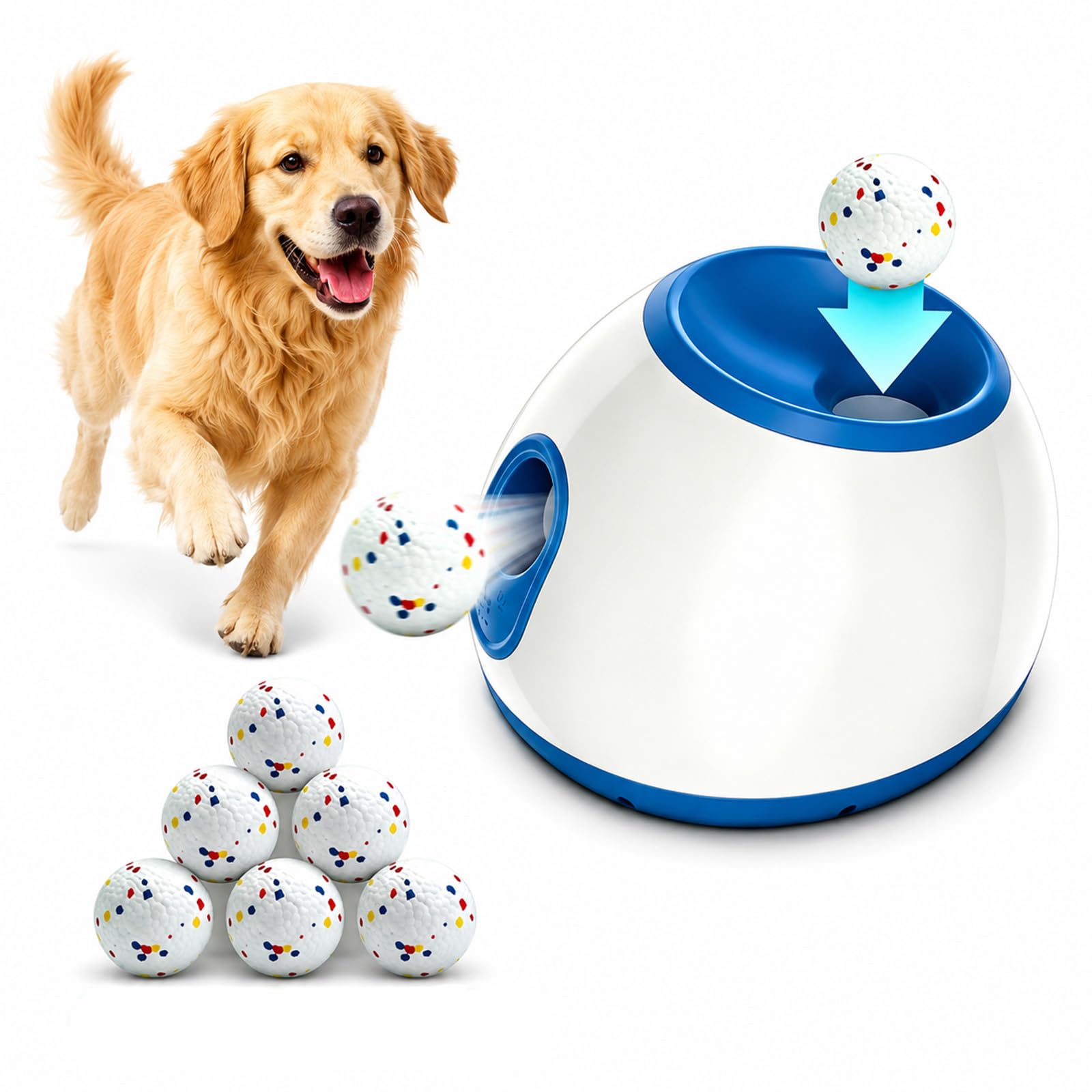 ALLUMK Lanzador automático de Bolas para Perros, 3 distancias Regulables, Doble alimentación, Incluye 6 Bolas de Espuma, Juguete Interactivo para Perros pequeños y medianos Interior y Exterior | Doble alimentación, 6 bolas de espuma incluidas, juguete int