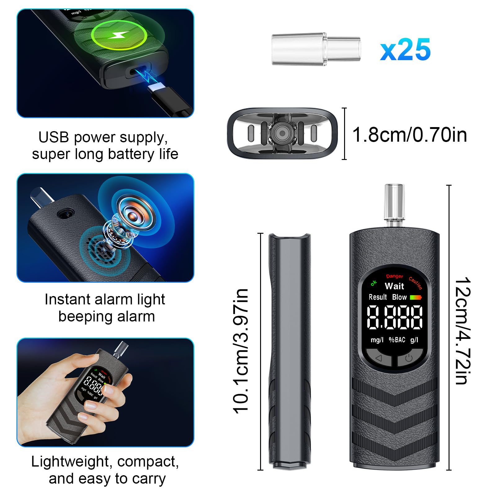 Ethylotest Electronique, Alcootest Portable avec Écran LCD, Ethylometre Personnel pour Auto-Contrôle, Rechargeable USB, avec 25 Embouts Buccaux