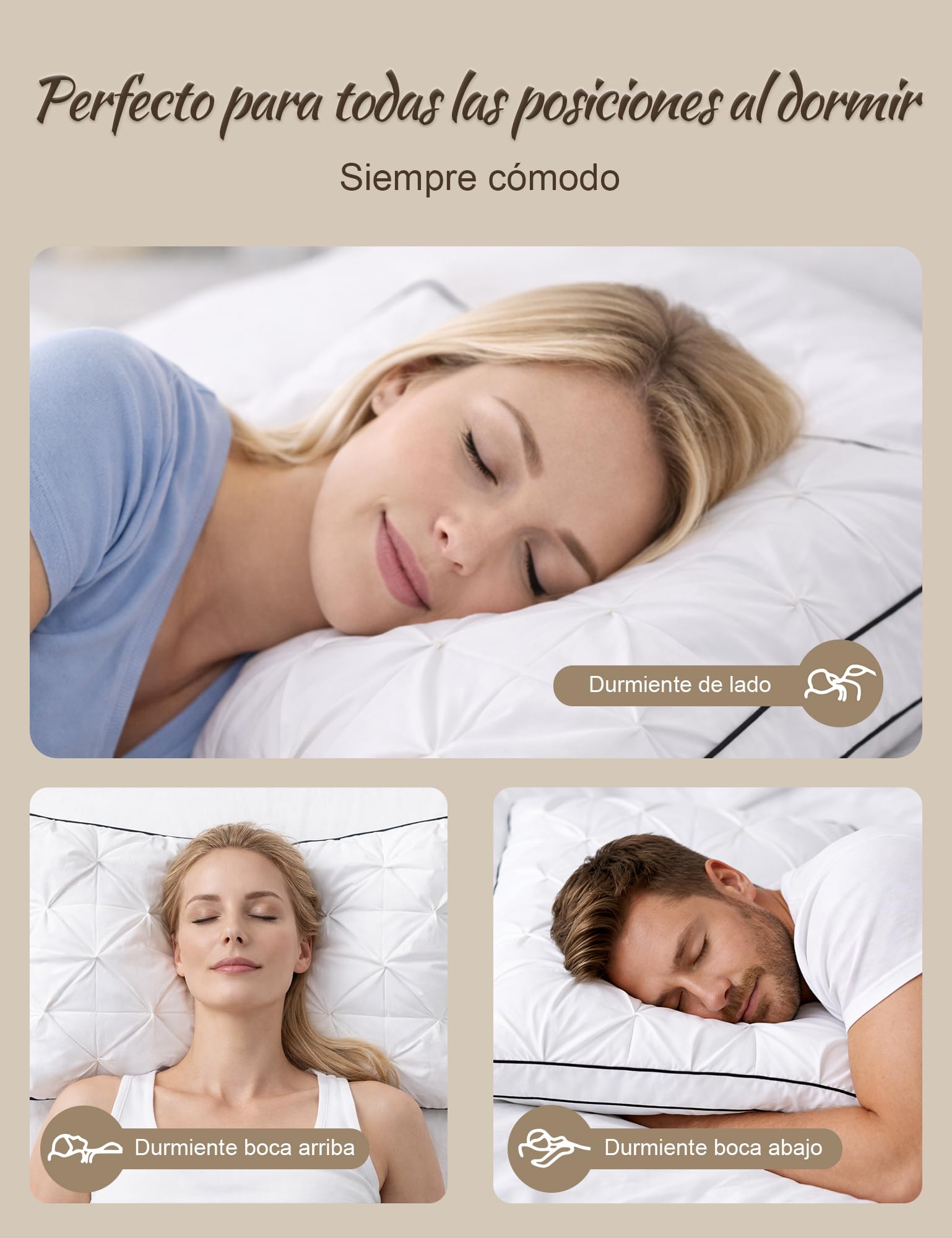 BPC Almohada de plumón 40x80 cm Pack de 2, Almohada 3 Cámaras con 90% Plumón Exterior y Relleno Que Contiene Plumas, Suave con Buen Soporte, Funda 100% algodón orgánico, Lavable