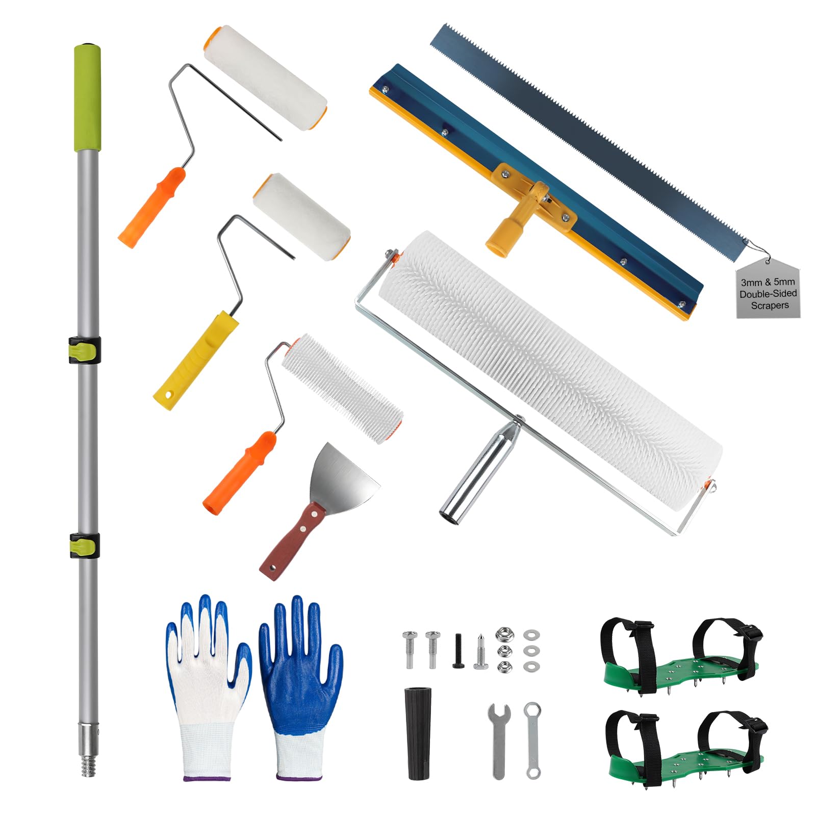 EXLECO Kit Autolivellante Per Pavimenti, 3&5MM Bifacciale Raschietto Pavimenti in Acciaio Inox, Rullo di Sfiato, Pittura con Rullo, Asta Telescopica, Scarpe Chiodate 30MM, Spatole per Stucco, Guanti
