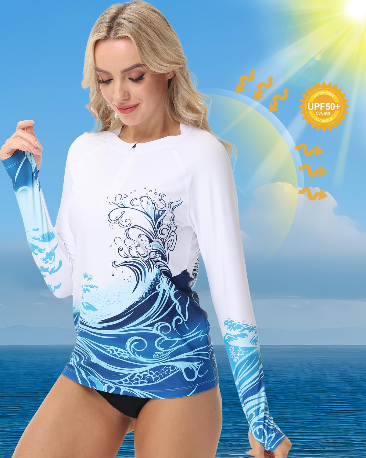 VAYAGER Camiseta Rash Guard de Manga Larga con Cremallera 1/4 para Mujer, Protección UV UPF 50+, Camiseta de baño de Secado Rápido, Traje de baño Solar, Top para Surf